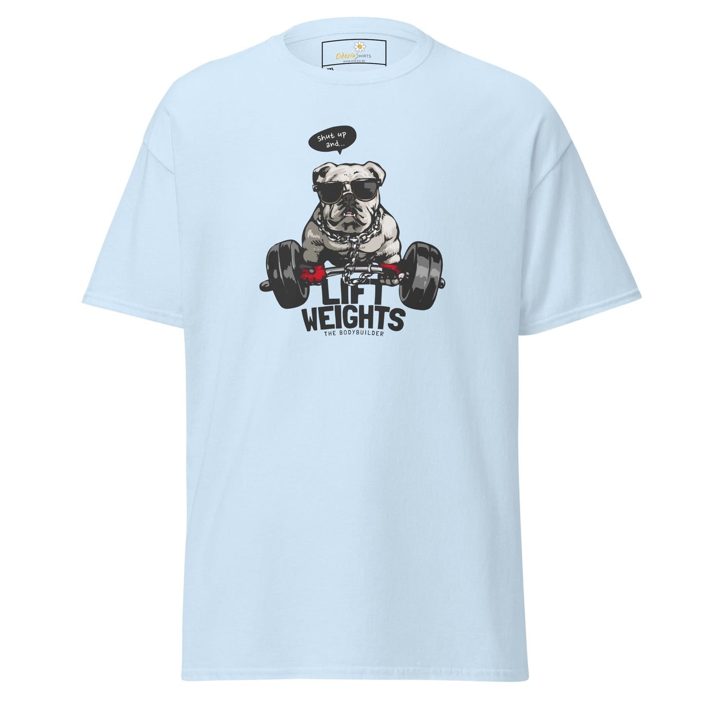 Light blue t-shirt with dog lifting weights graphic.