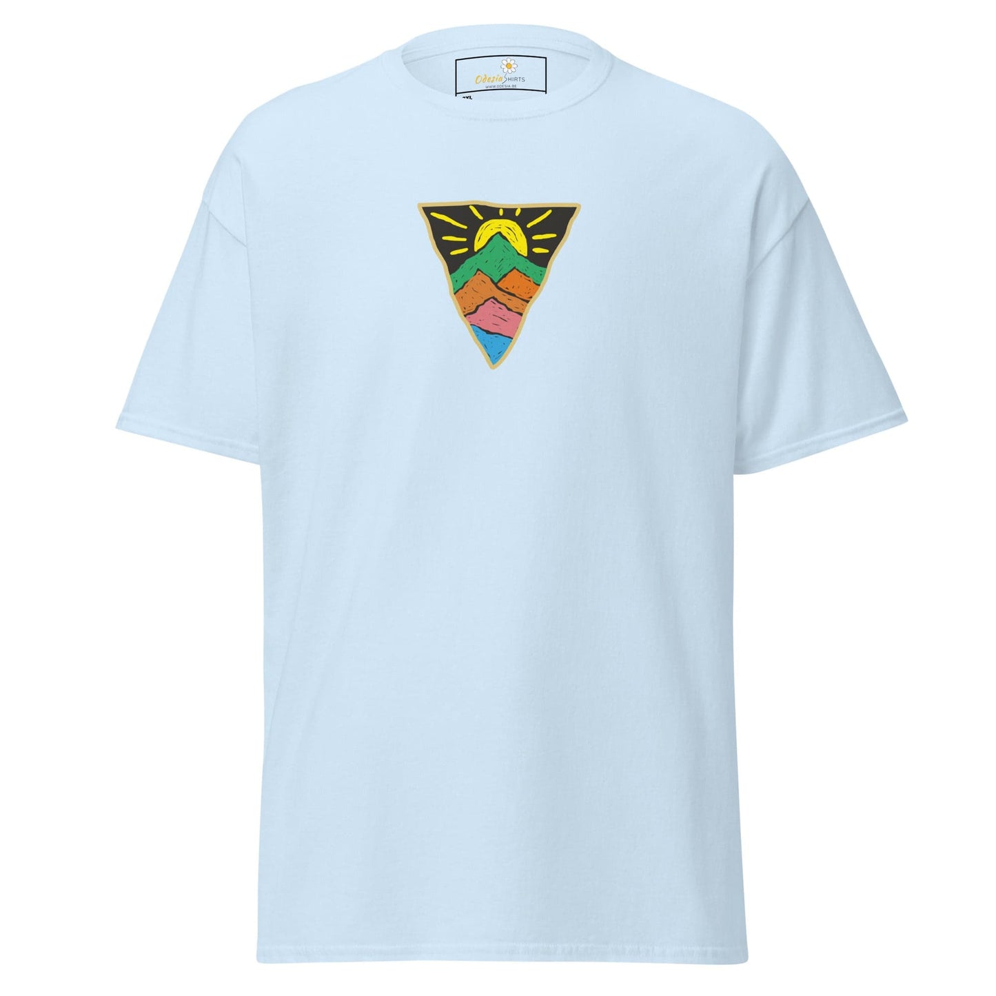 Light blue T-shirt with mountain graphic for men and women in 2XL to 5XL sizes