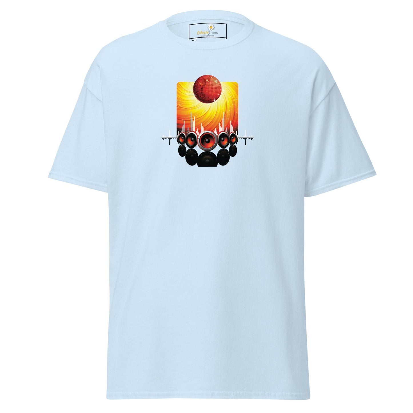 Light blue T-shirt with graphic design for men and women in 2XL to 5XL sizes