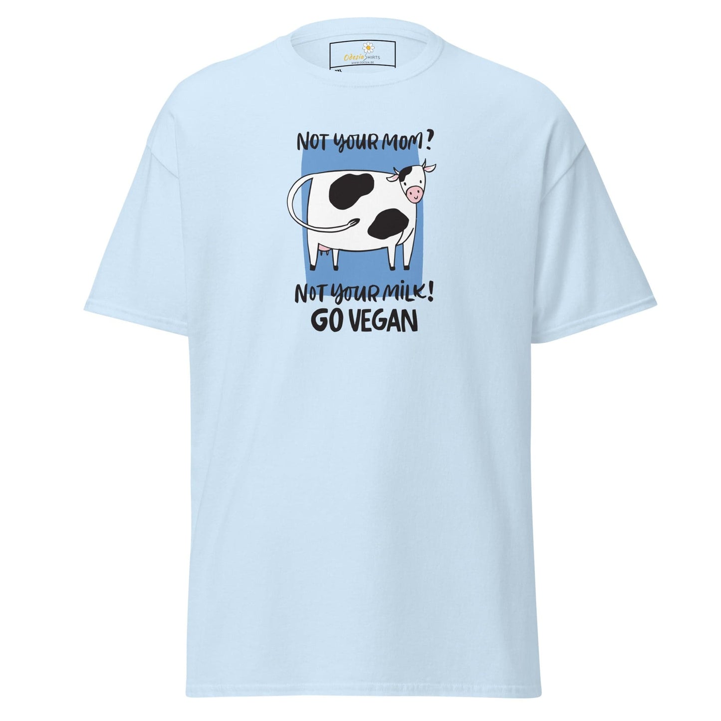 Light blue t-shirt with a cow graphic.