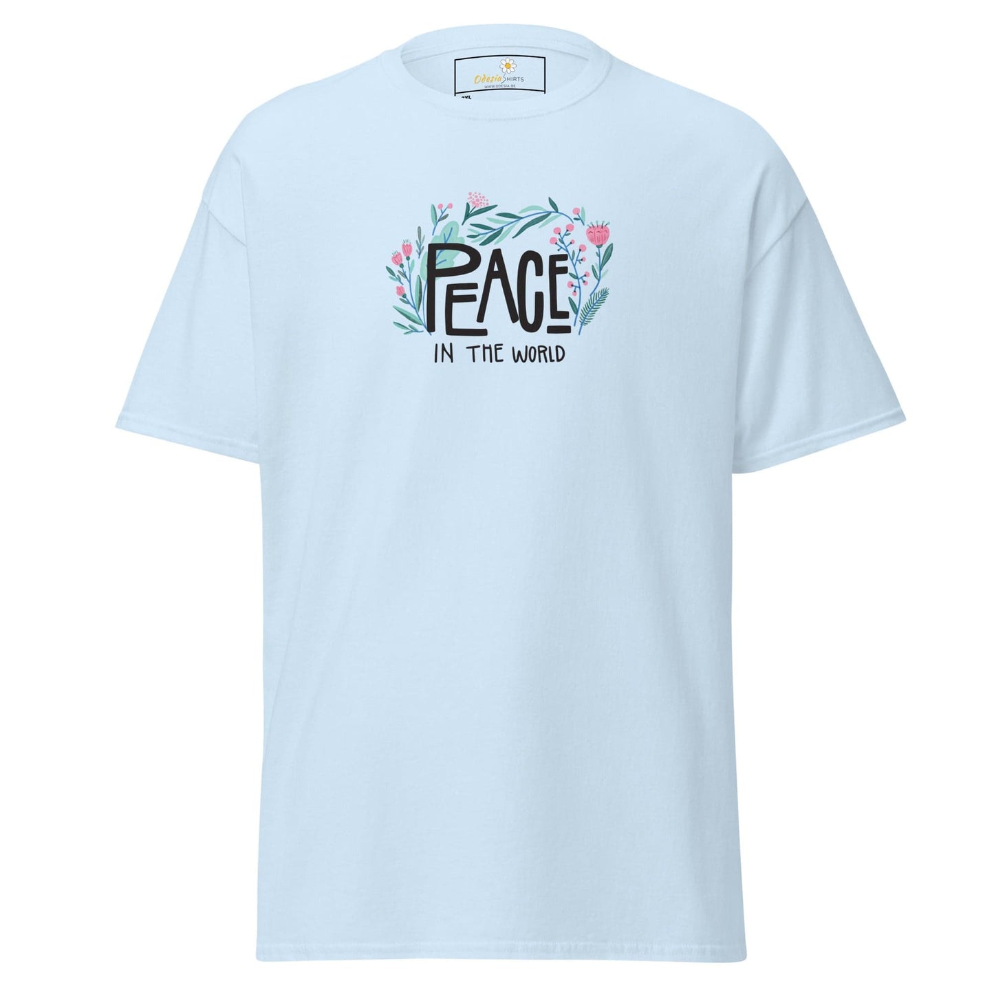 Light blue T-shirt with floral peace graphic for men and women in size 2XL to 5XL
