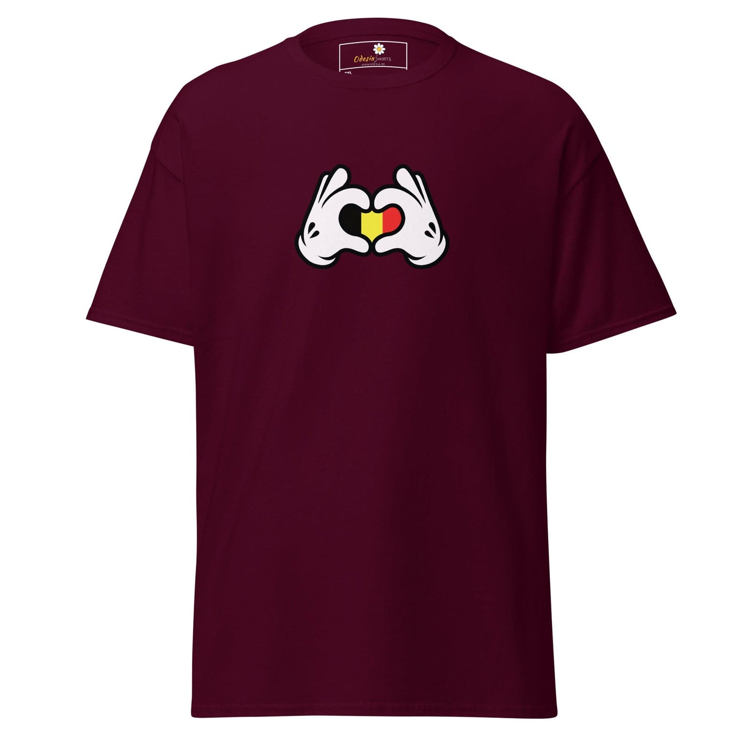 Maroon t-shirt with heart-shaped hands.