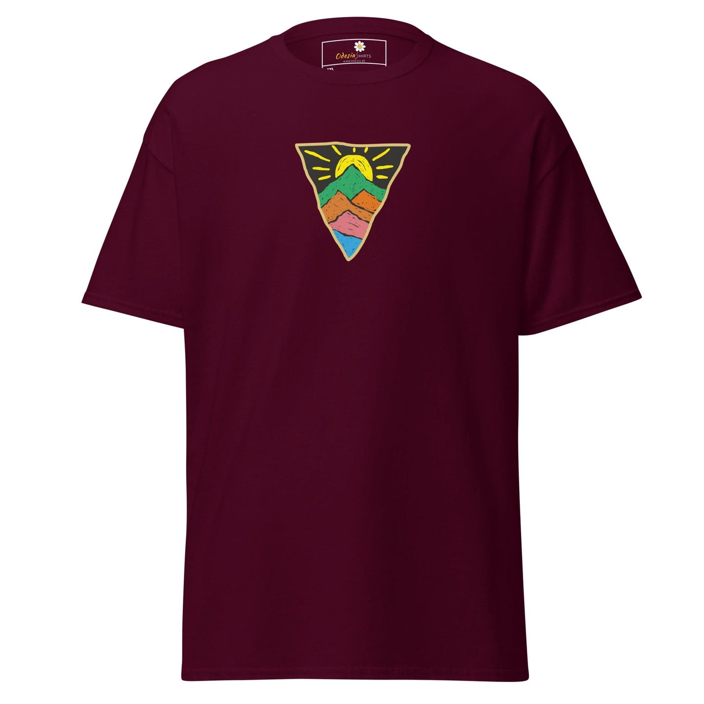 Maroon T-shirt with mountain graphic, men’s and women’s sizes 2XL to 5XL
