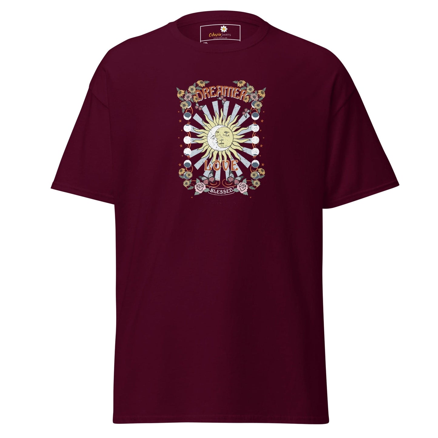 Maroon t-shirt with graphic.