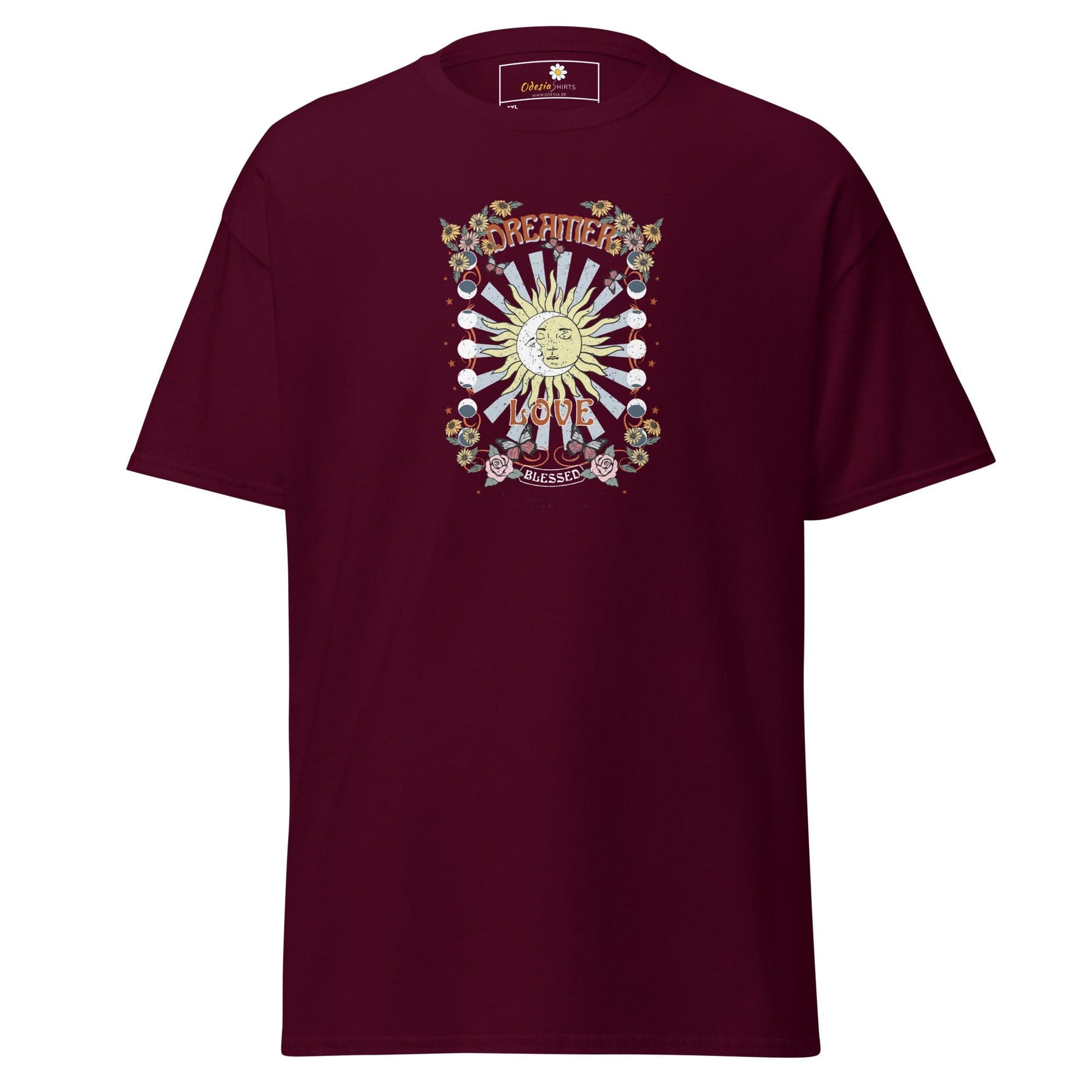 Maroon t-shirt with graphic.