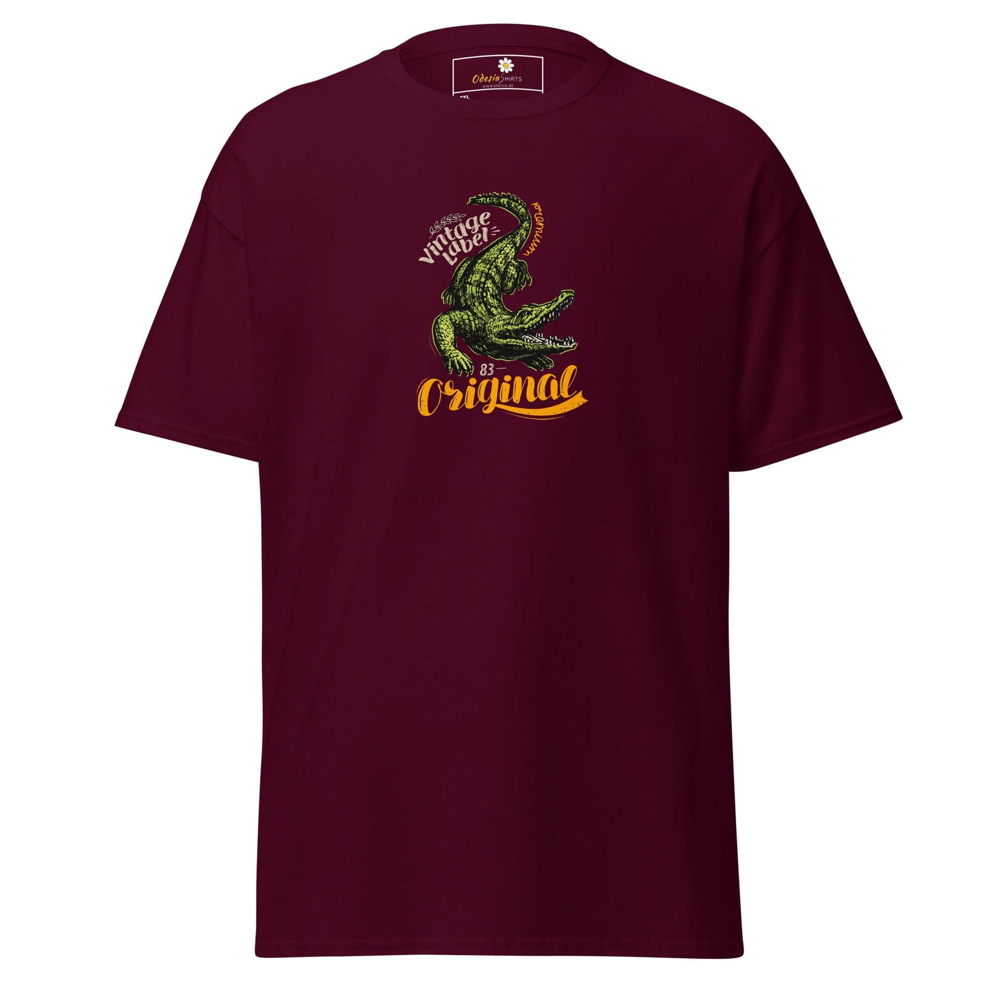 Maroon t-shirt with crocodile graphic.