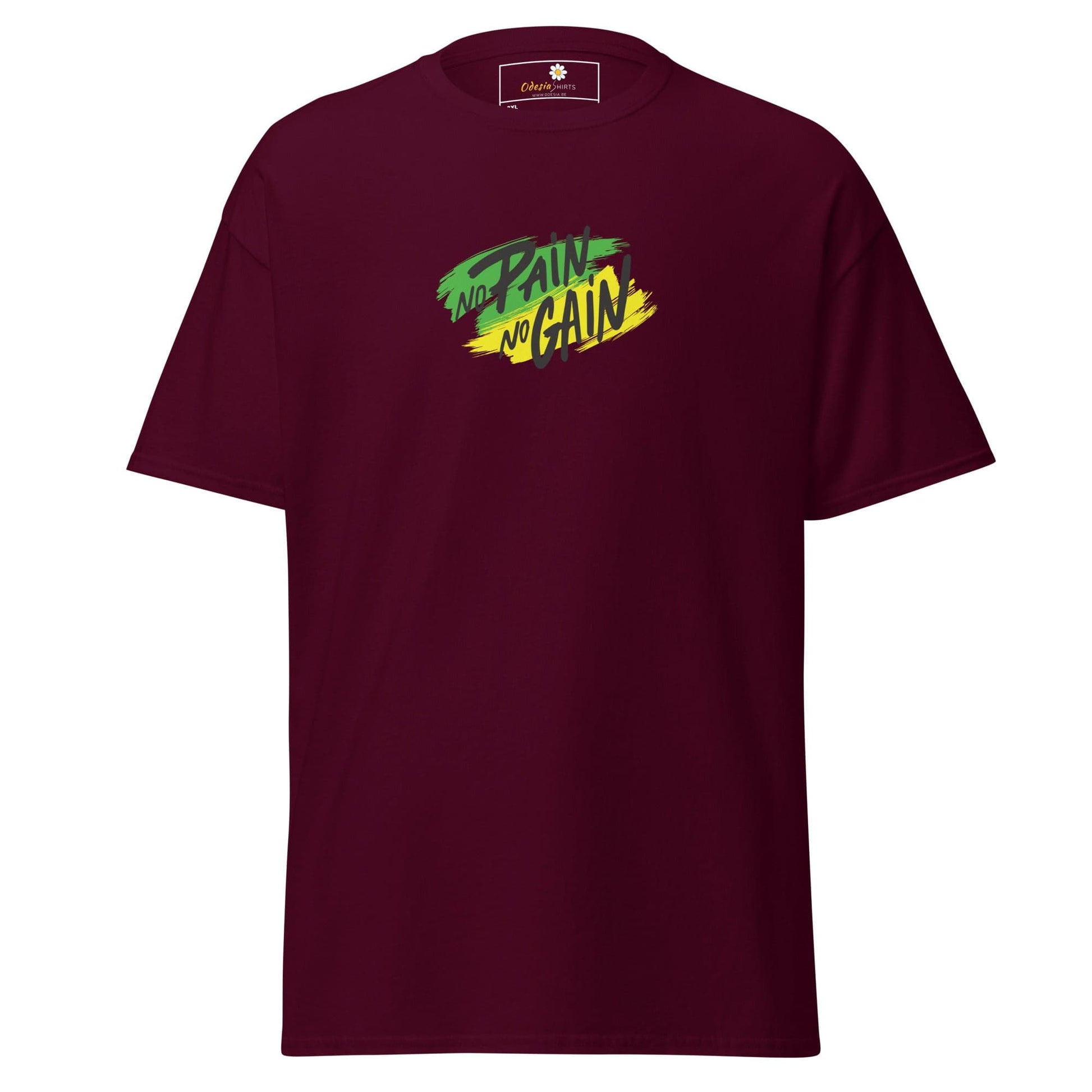 Maroon T-shirt with No Pain No Gain graphic for men and women in 2XL to 5XL sizes