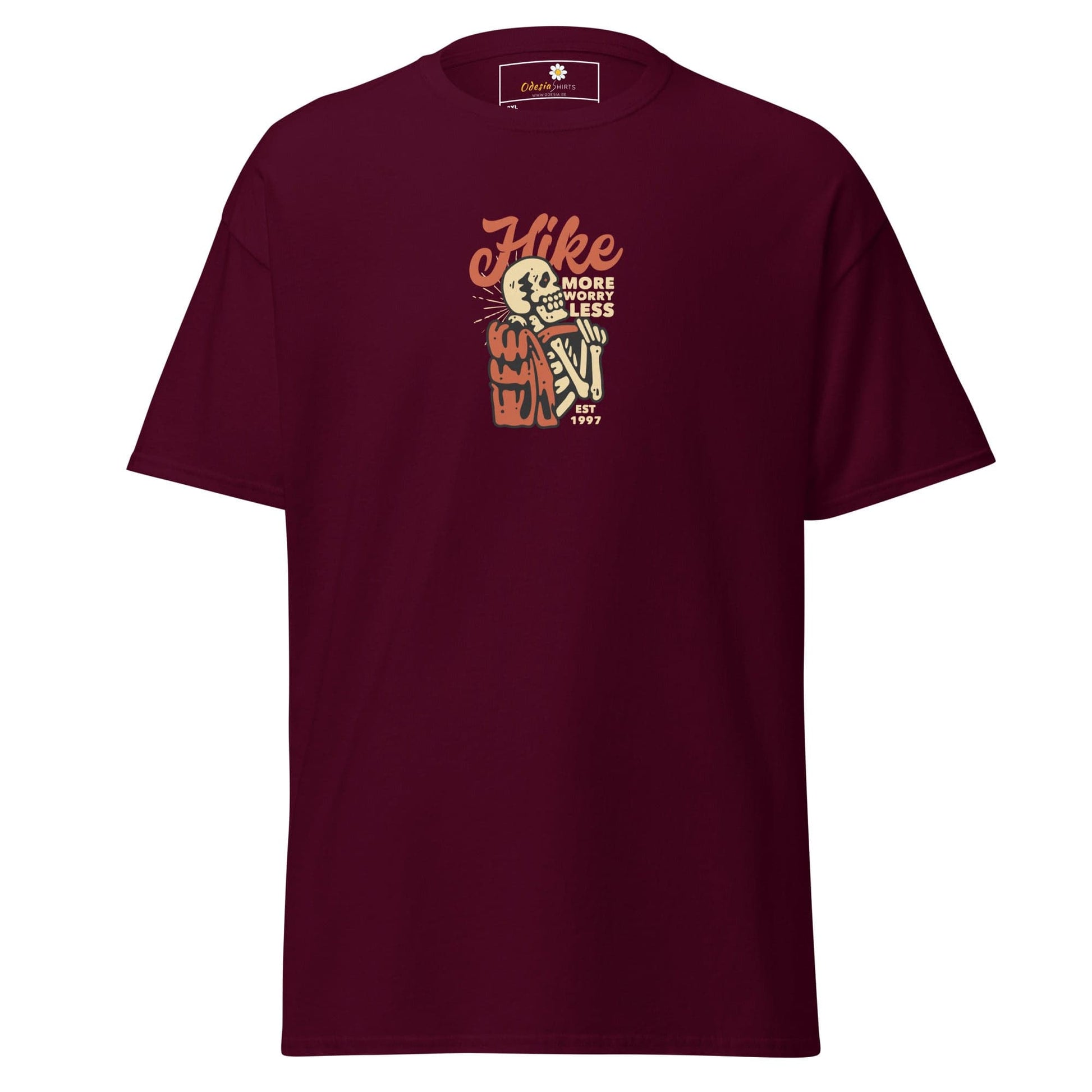 Maroon t-shirt with skeleton hiker graphic.