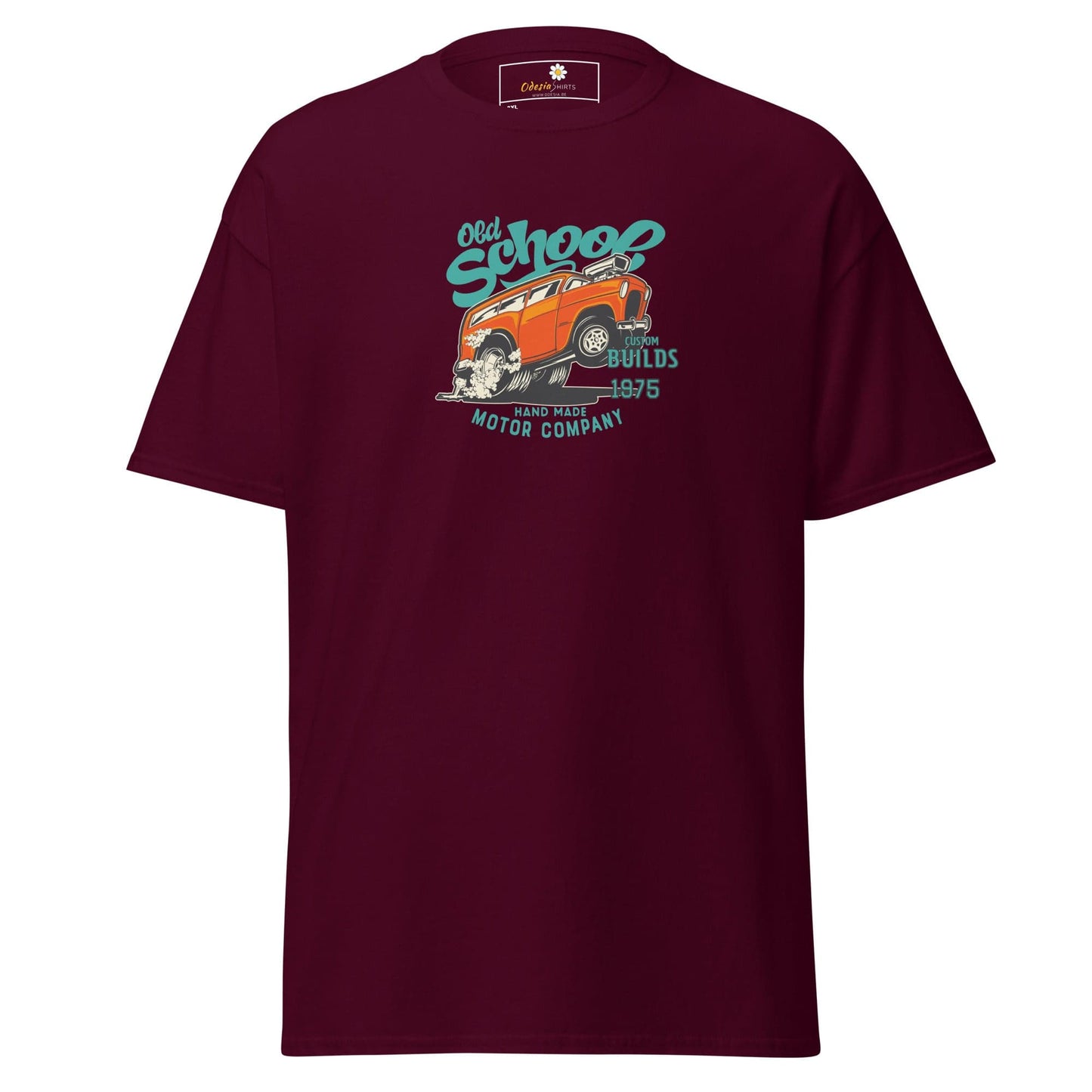 Maroon t-shirt with car graphic.