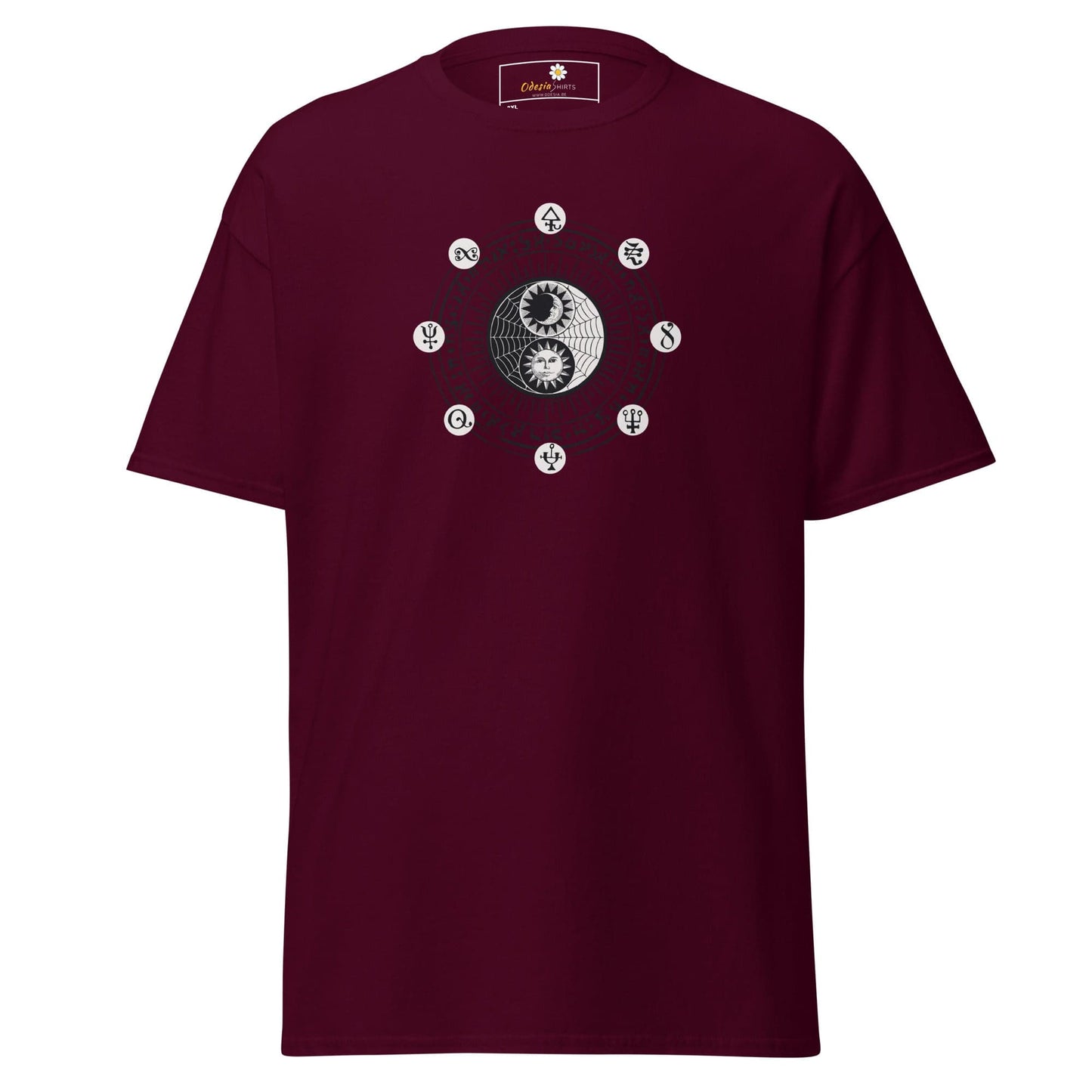 Maroon t-shirt with yin-yang design.