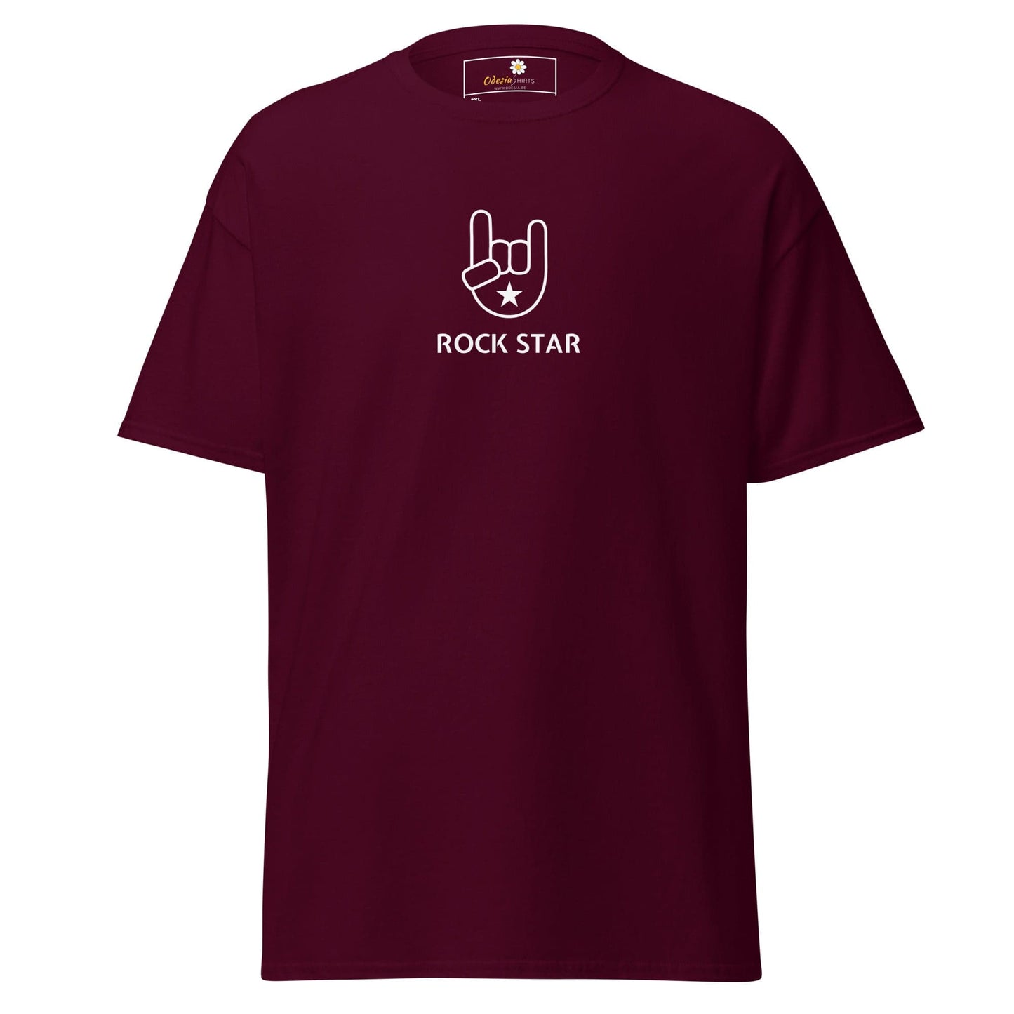 Maroon t-shirt with ’Rock Star’ graphic.