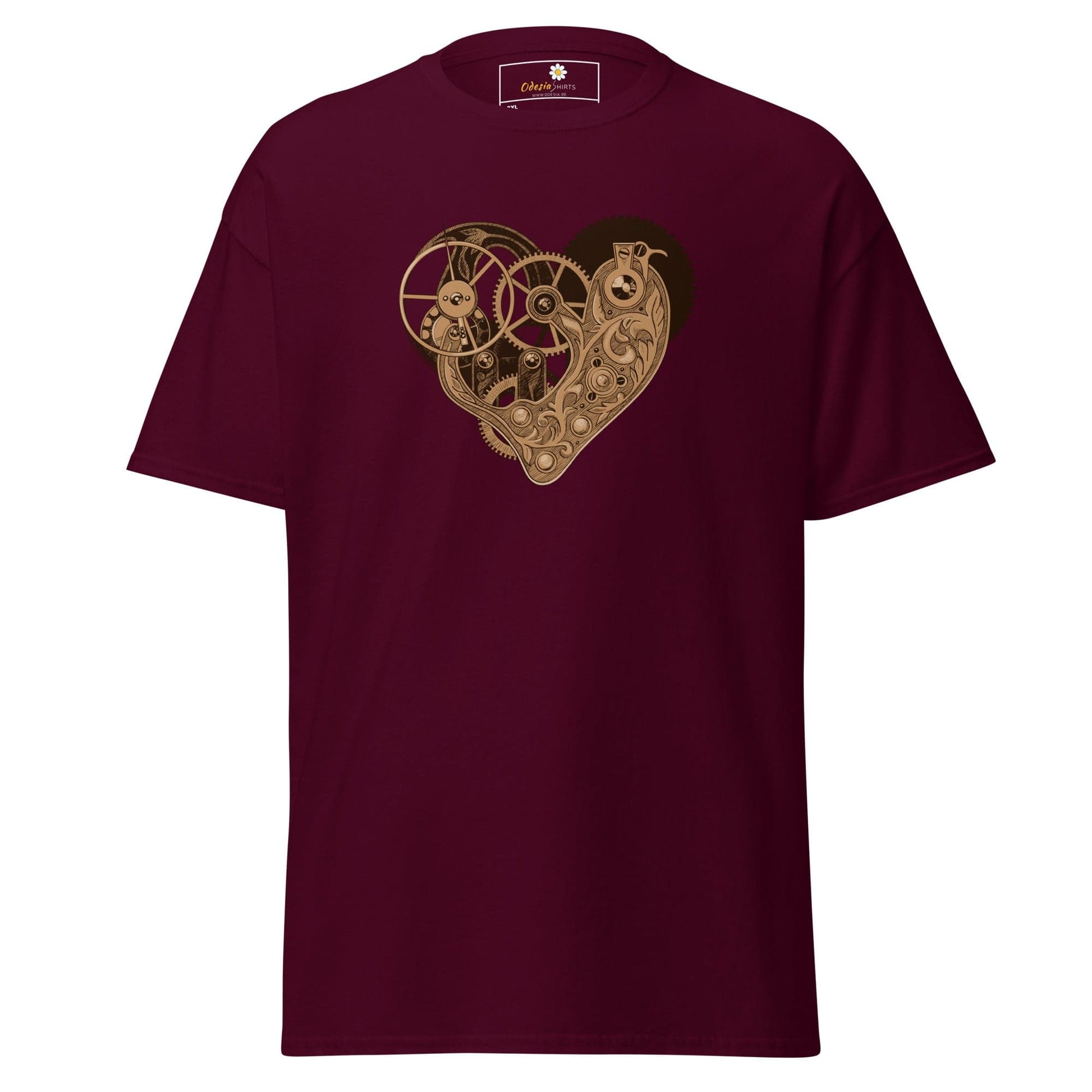 Maroon T-shirt with steampunk heart design for men and women in 2XL to 5XL sizes