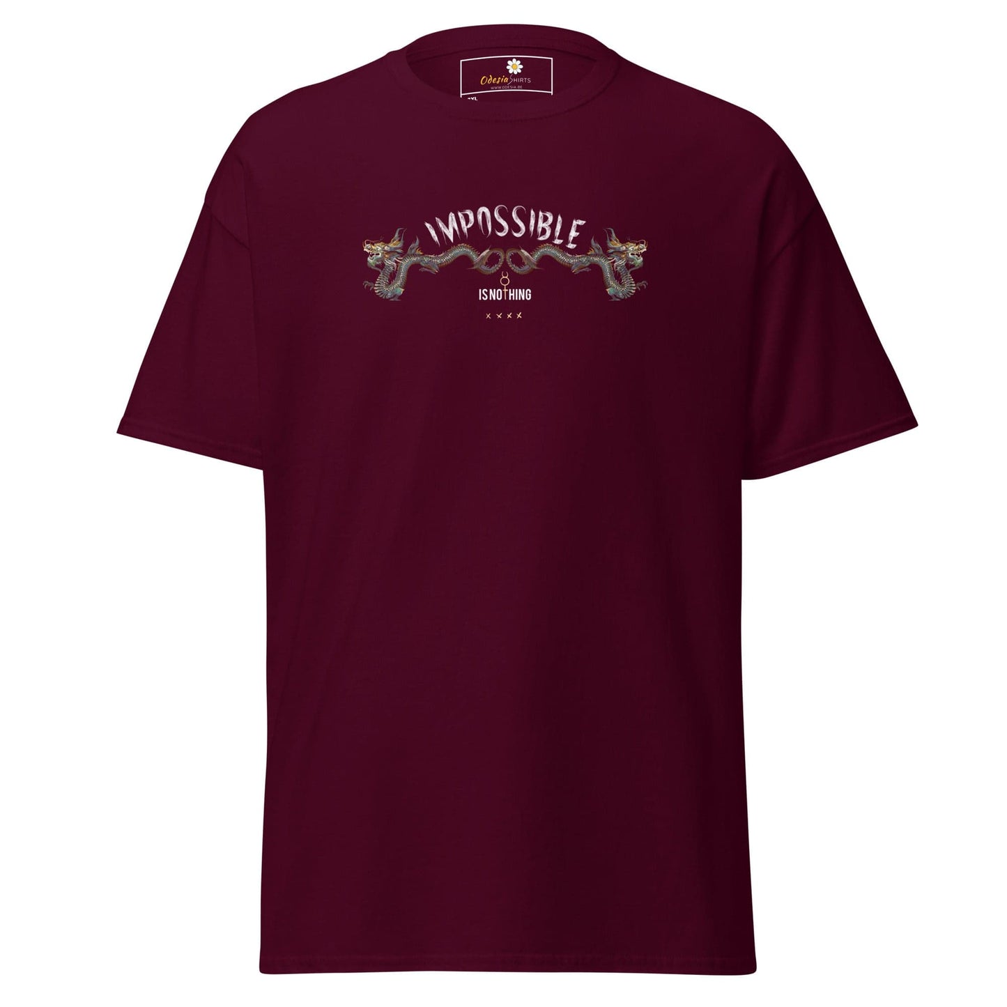 Maroon t-shirt with dragon design.