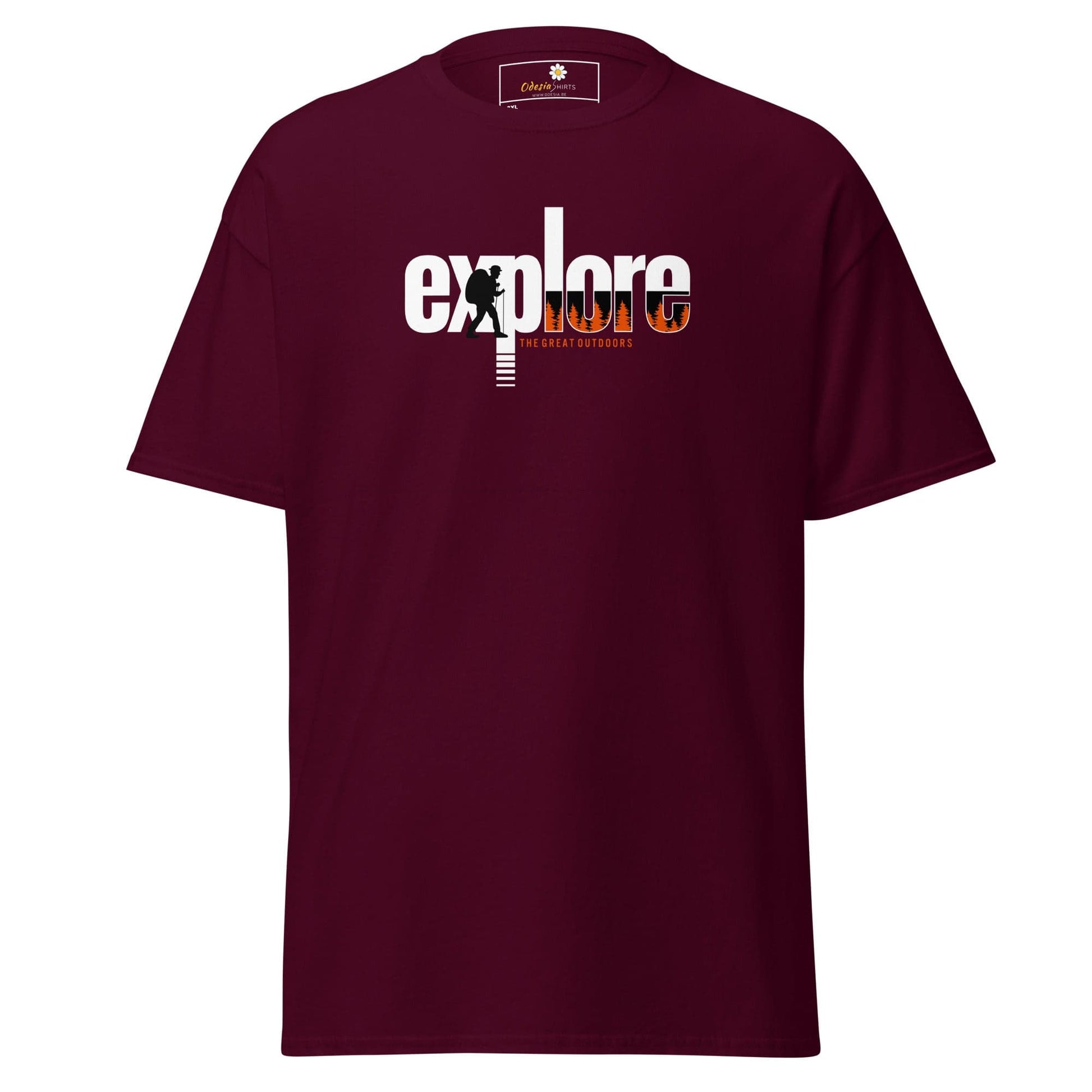 Maroon t-shirt with ’explore’ graphic.