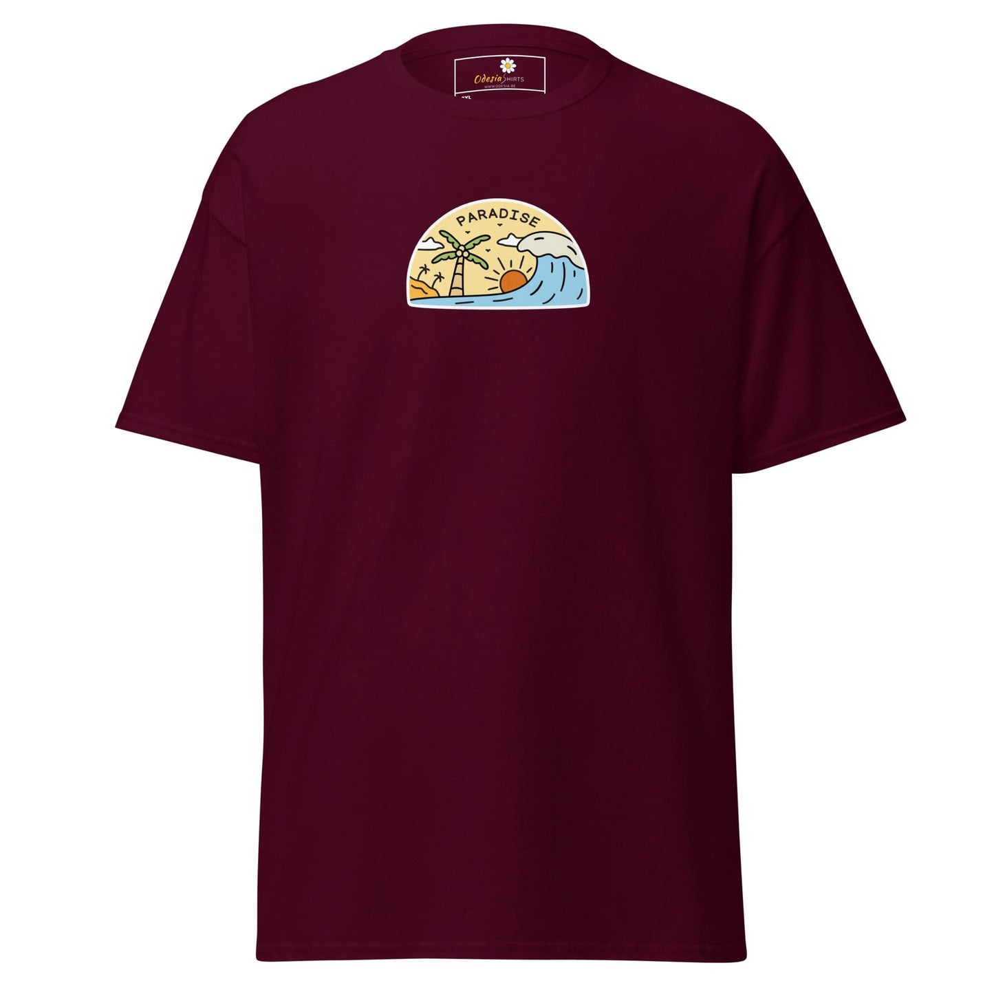 Maroon t-shirt with paradise graphic.