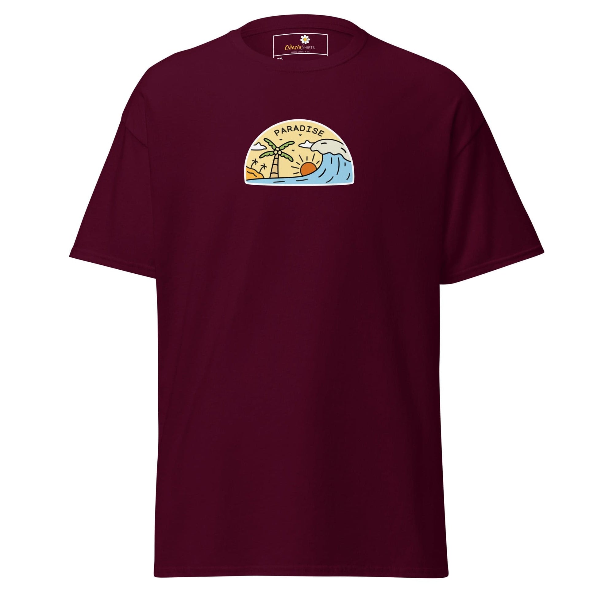 Maroon t-shirt with paradise graphic.