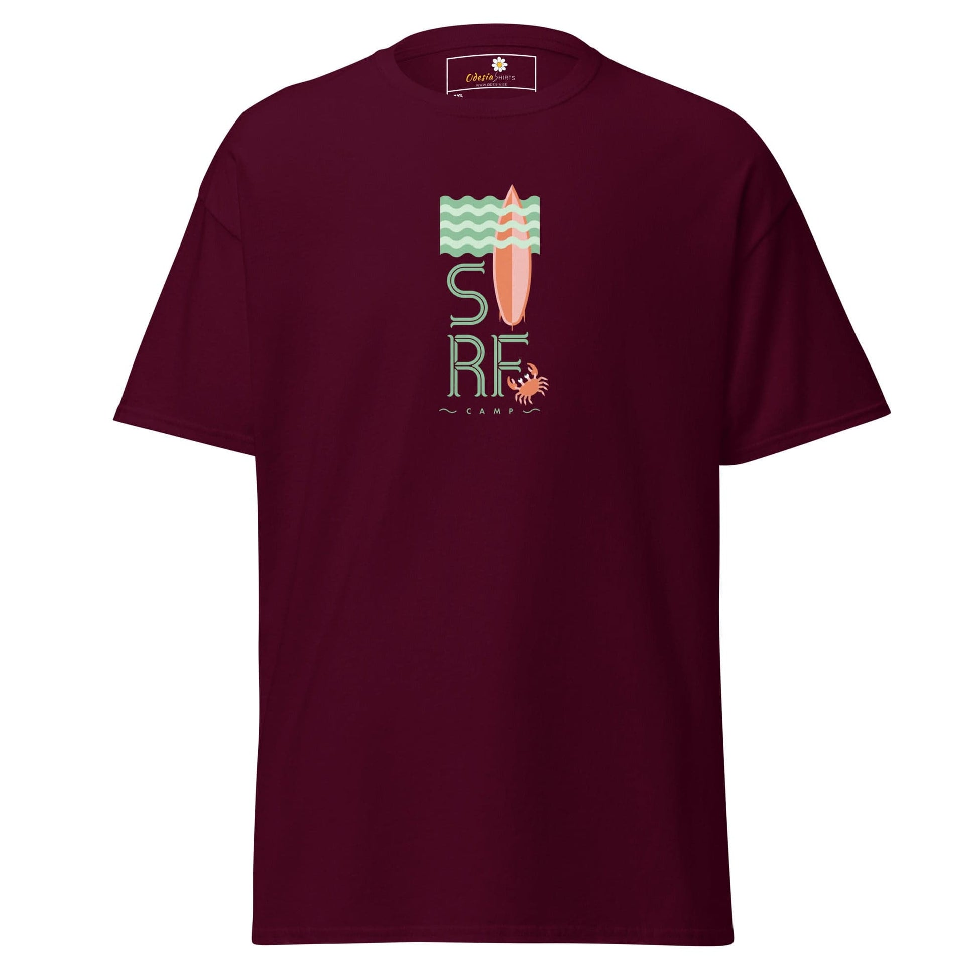 Maroon t-shirt with surf camp graphic.