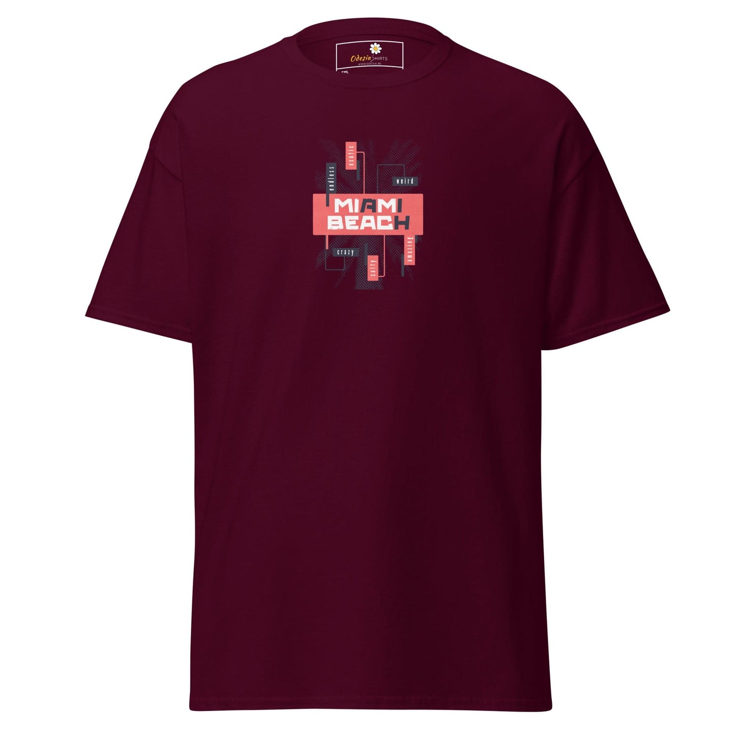 Maroon T-shirt with Miami Beach graphic, available in 2XL to 5XL sizes for men and women