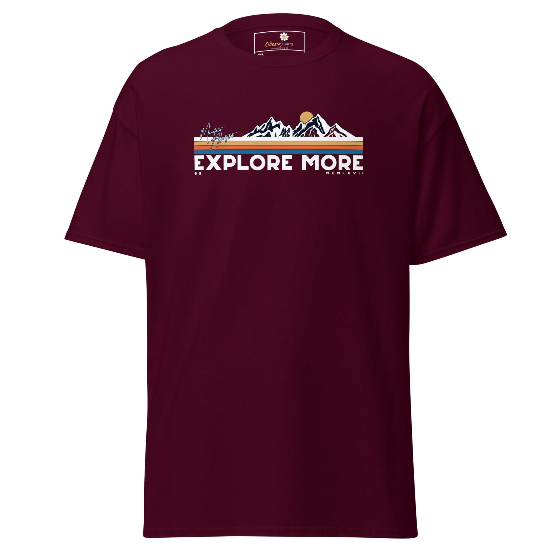 Maroon t-shirt with mountain graphic.