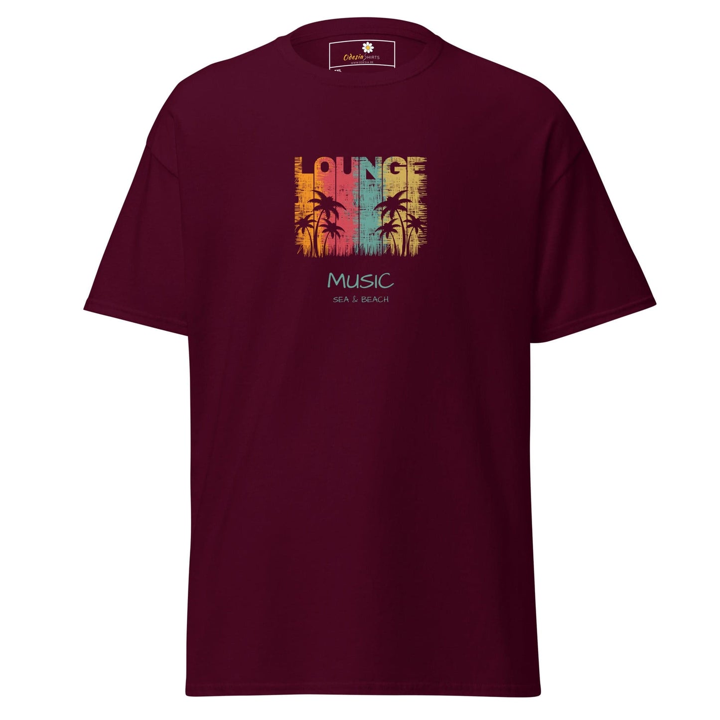 Maroon T-shirt with lounge music graphic, available in men and women sizes 2XL to 5XL