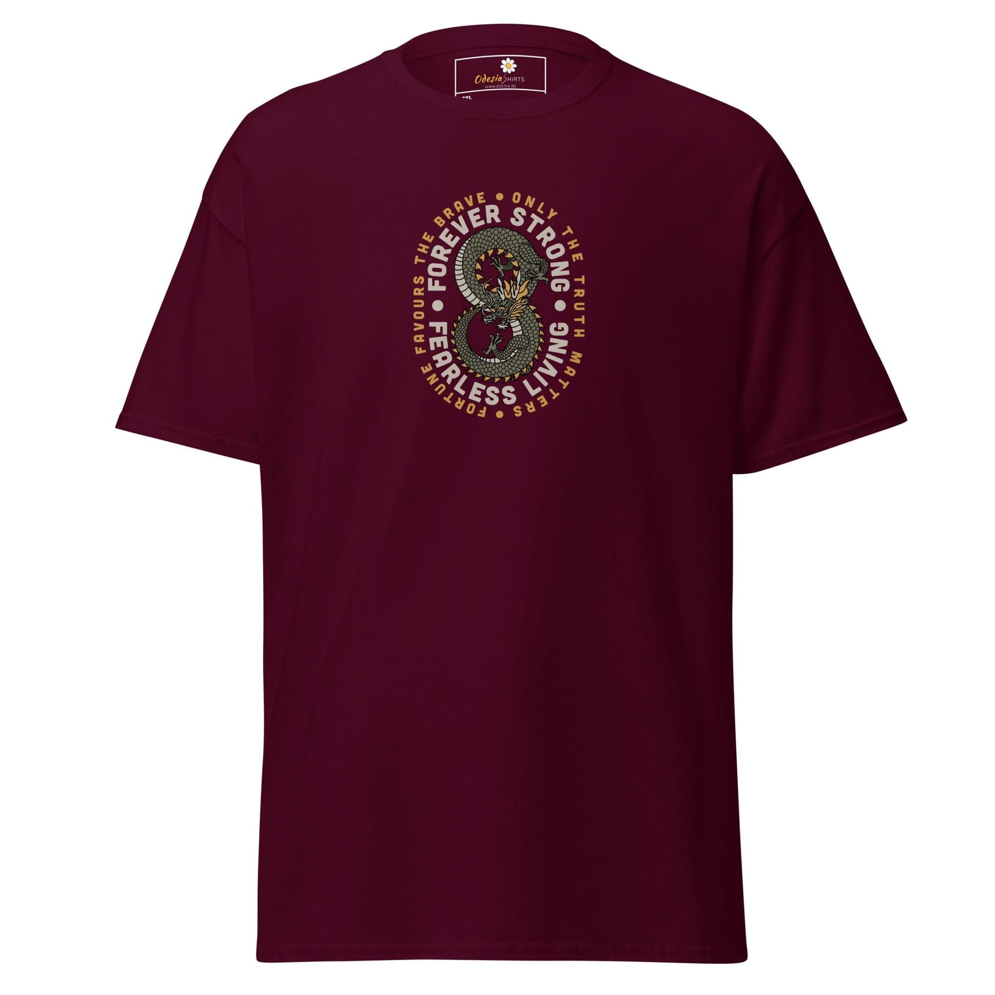 Maroon t-shirt with dragon graphic.