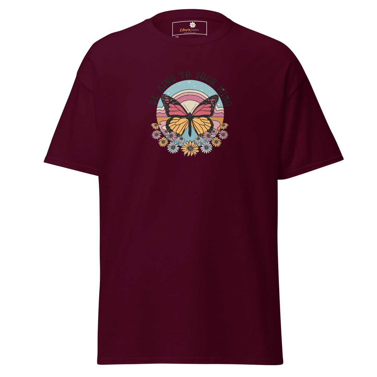 Maroon t-shirt with butterfly graphic.