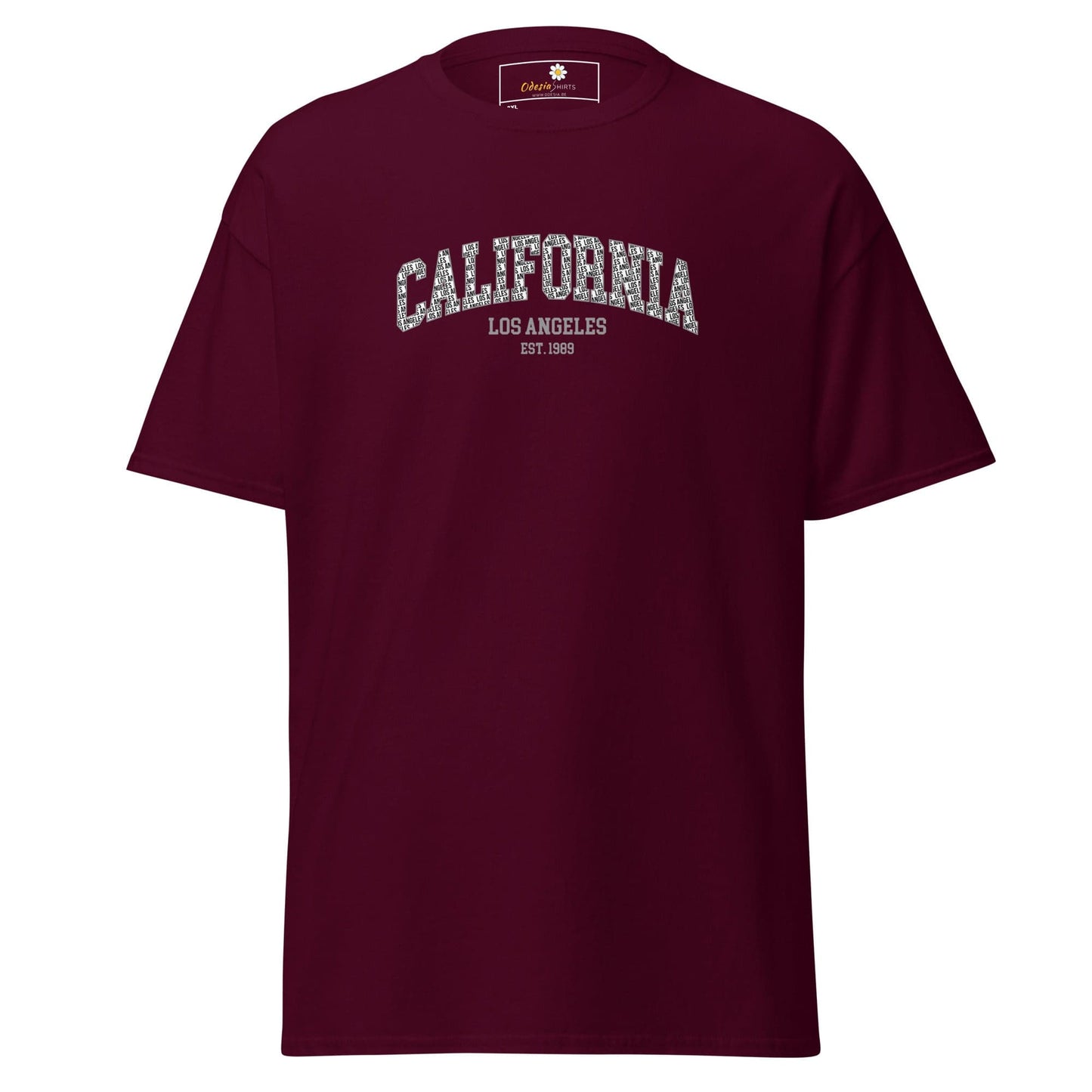 Maroon t-shirt with ’California’ and ’Los Angeles’ text.