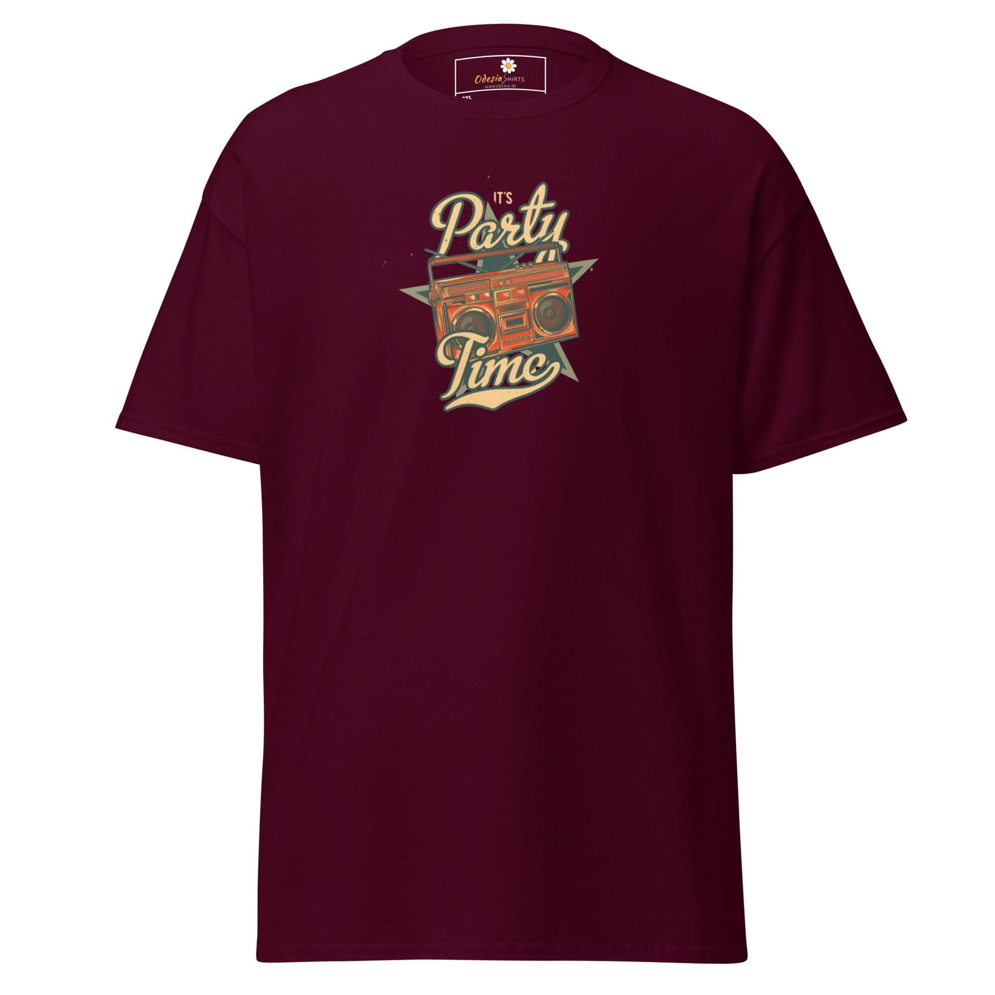 Maroon T-shirt with boombox graphic for men and women in sizes 2XL to 5XL