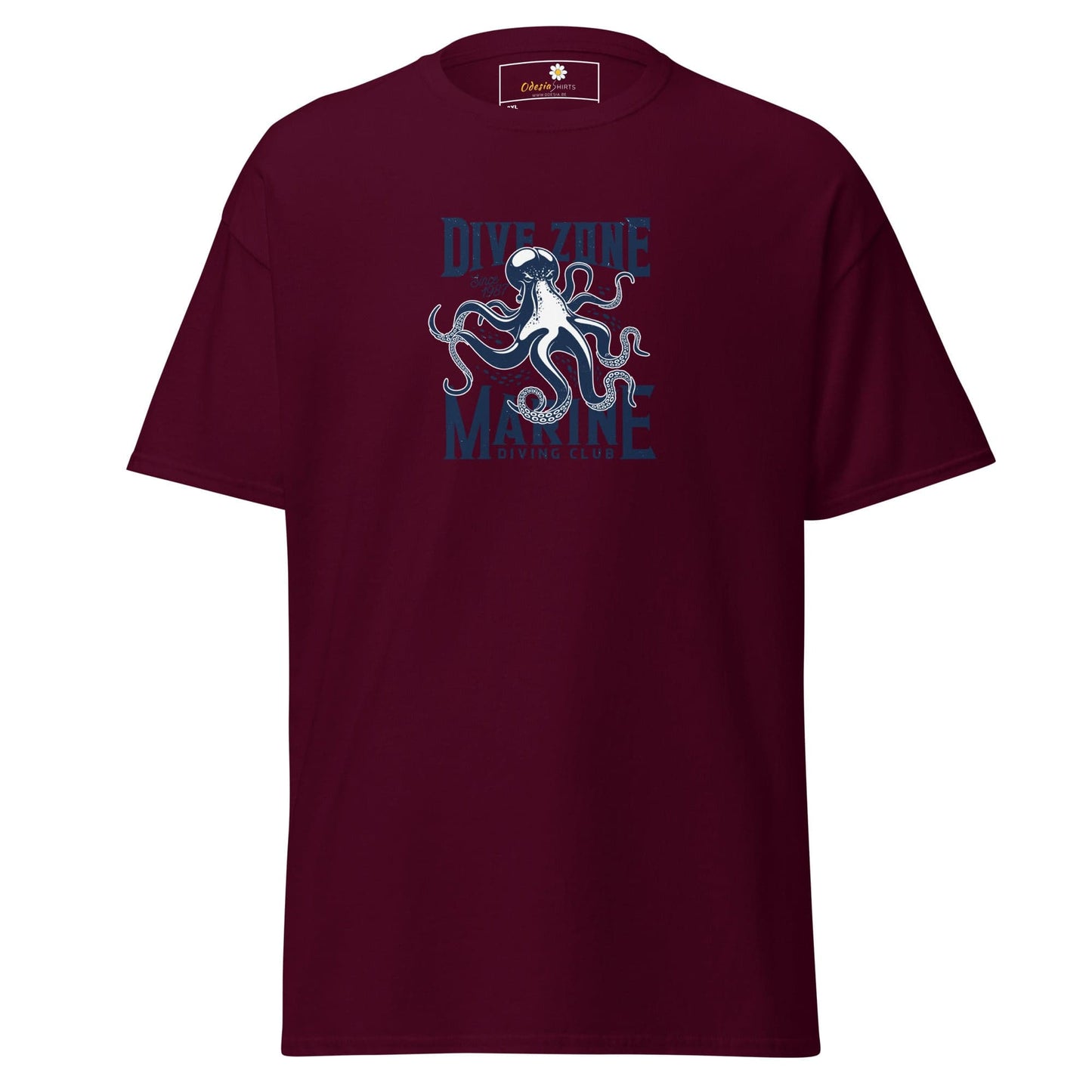 Maroon t-shirt with octopus graphic.