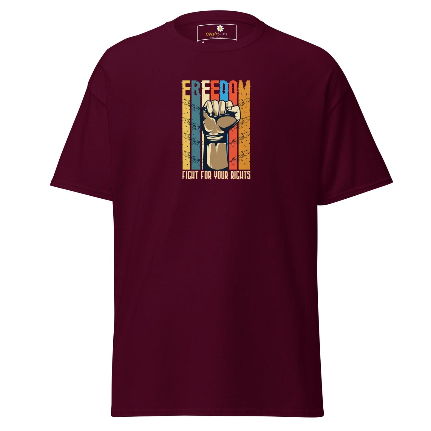 Maroon T-shirt with Freedom graphic available in Men and Women sizes 2XL to 5XL