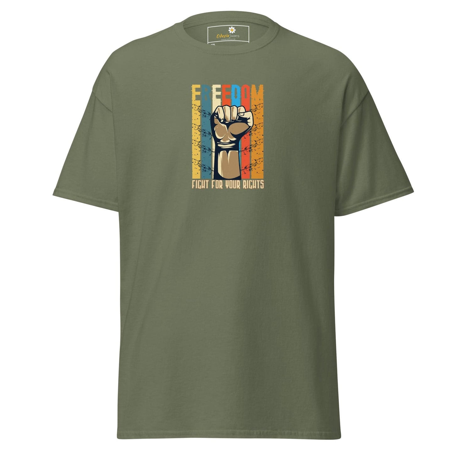 Olive green T-shirt with a freedom fist graphic for men and women in sizes 2XL to 5XL