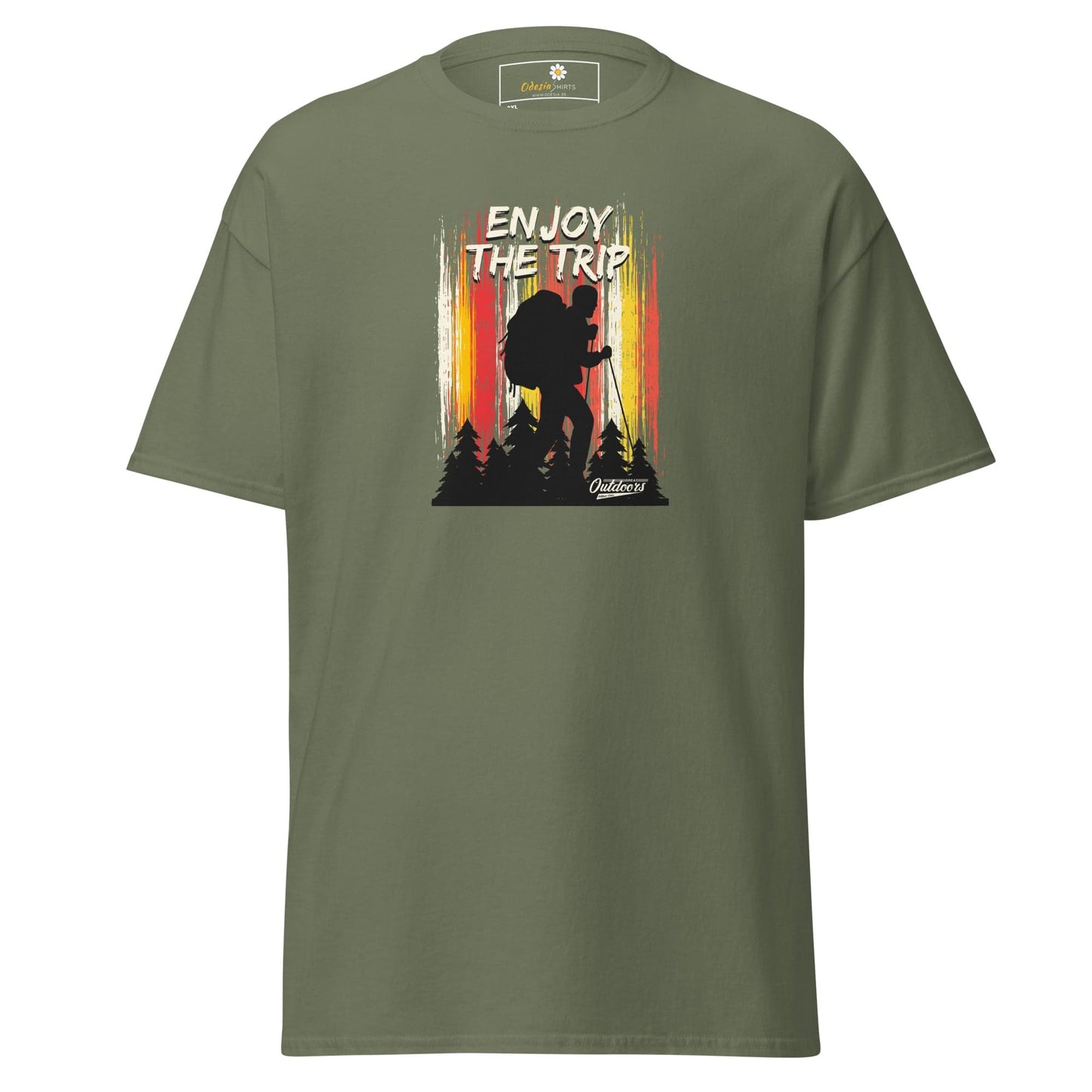 Olive green t-shirt with hiking graphic.