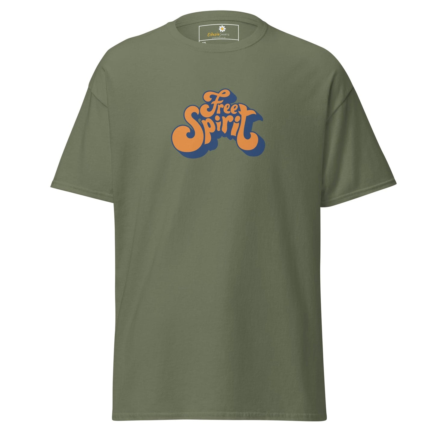 Olive green T-shirt with Free Spirit graphic for Men and Women in large sizes