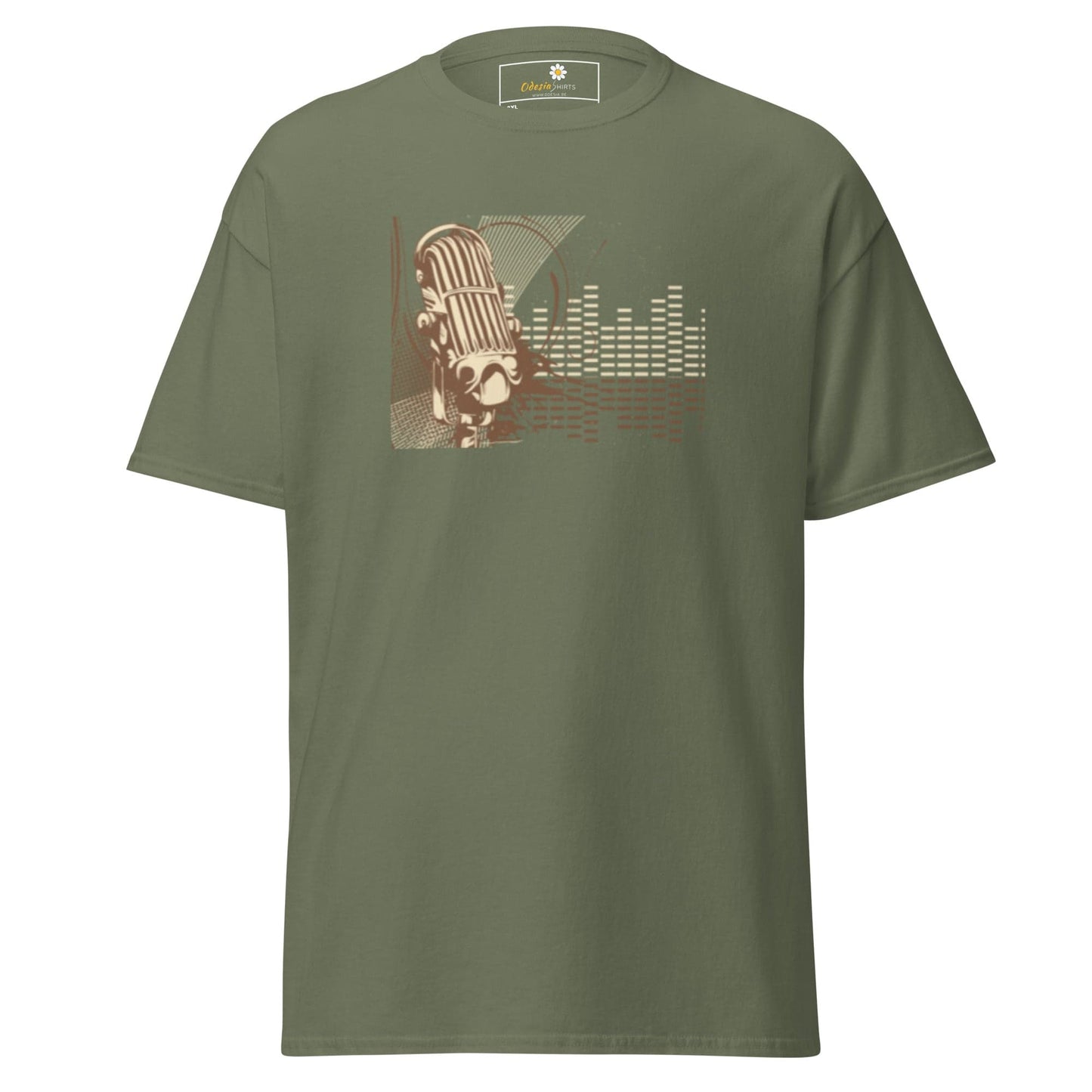 Olive green T-shirt with vintage microphone graphic for men and women in plus sizes
