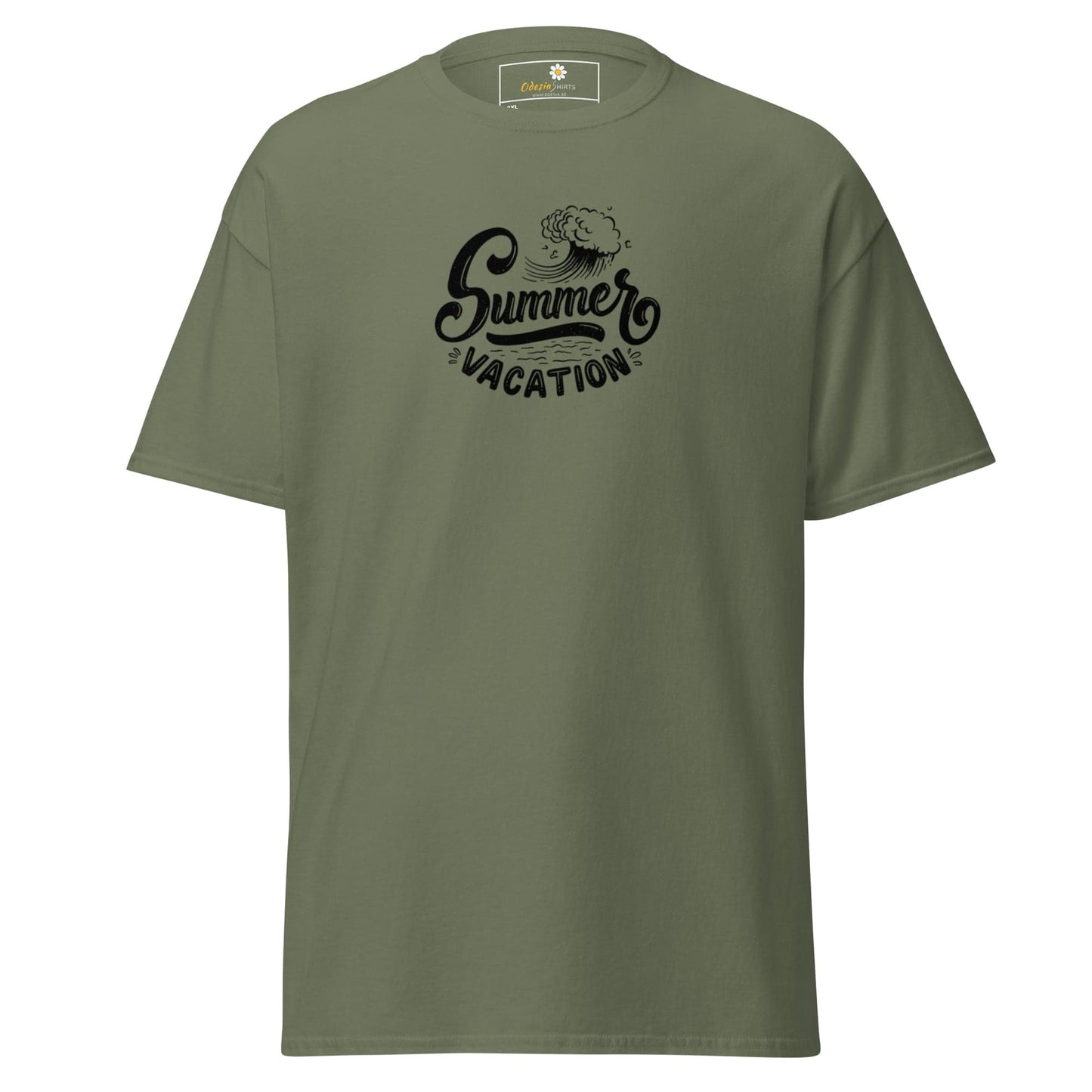 Olive green T-shirt with Summer Vacation graphic for men and women in 2XL to 5XL sizes