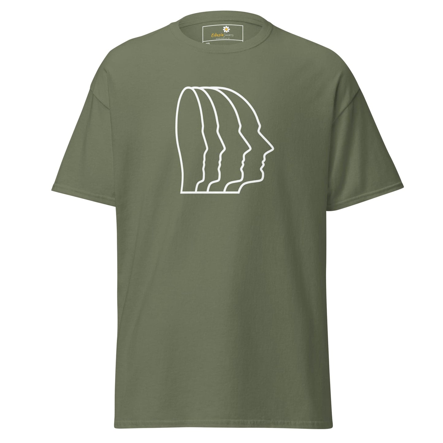 Olive green T-shirt with white face outline design, available in 2XL to 5XL sizes