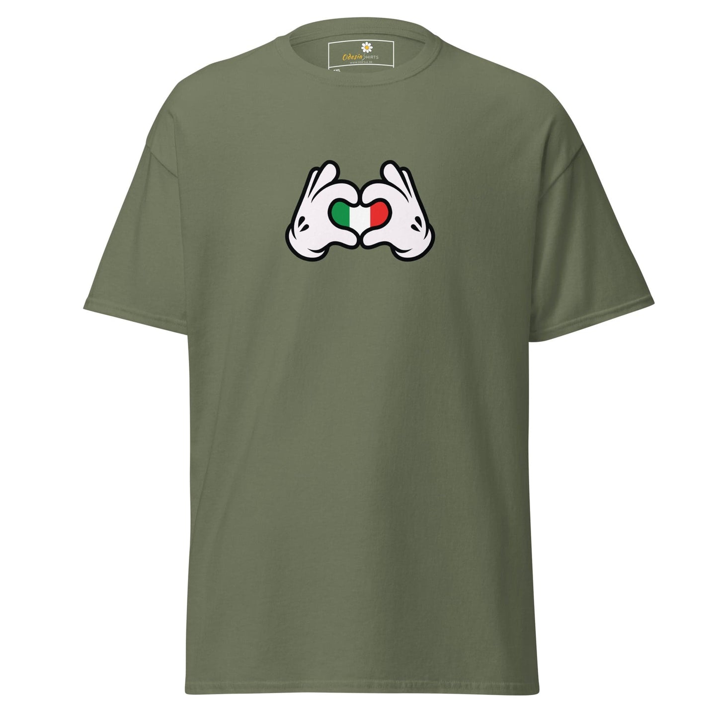 Olive green t-shirt with cartoon hands forming a heart with the Italian flag.