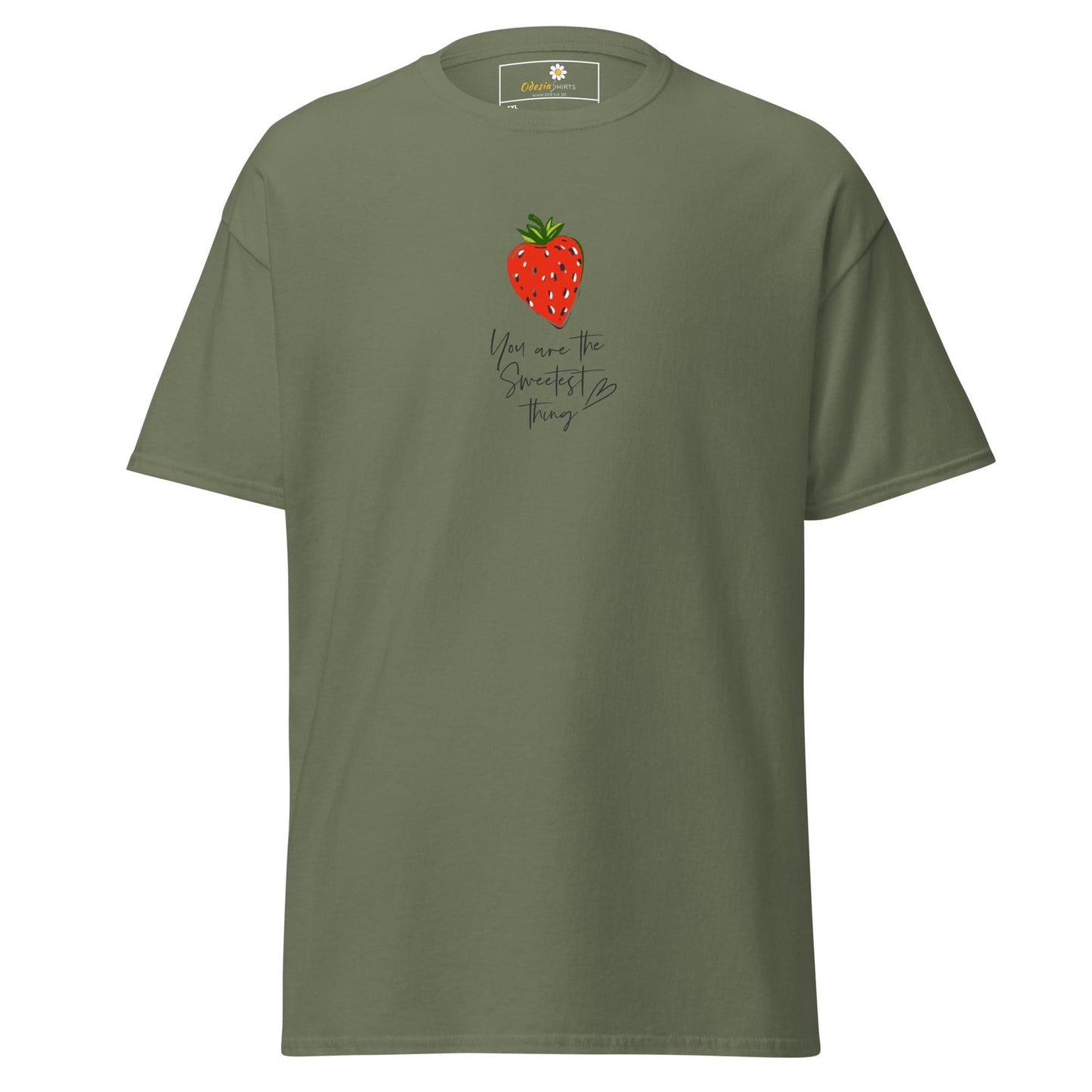 Olive green t-shirt with strawberry graphic.