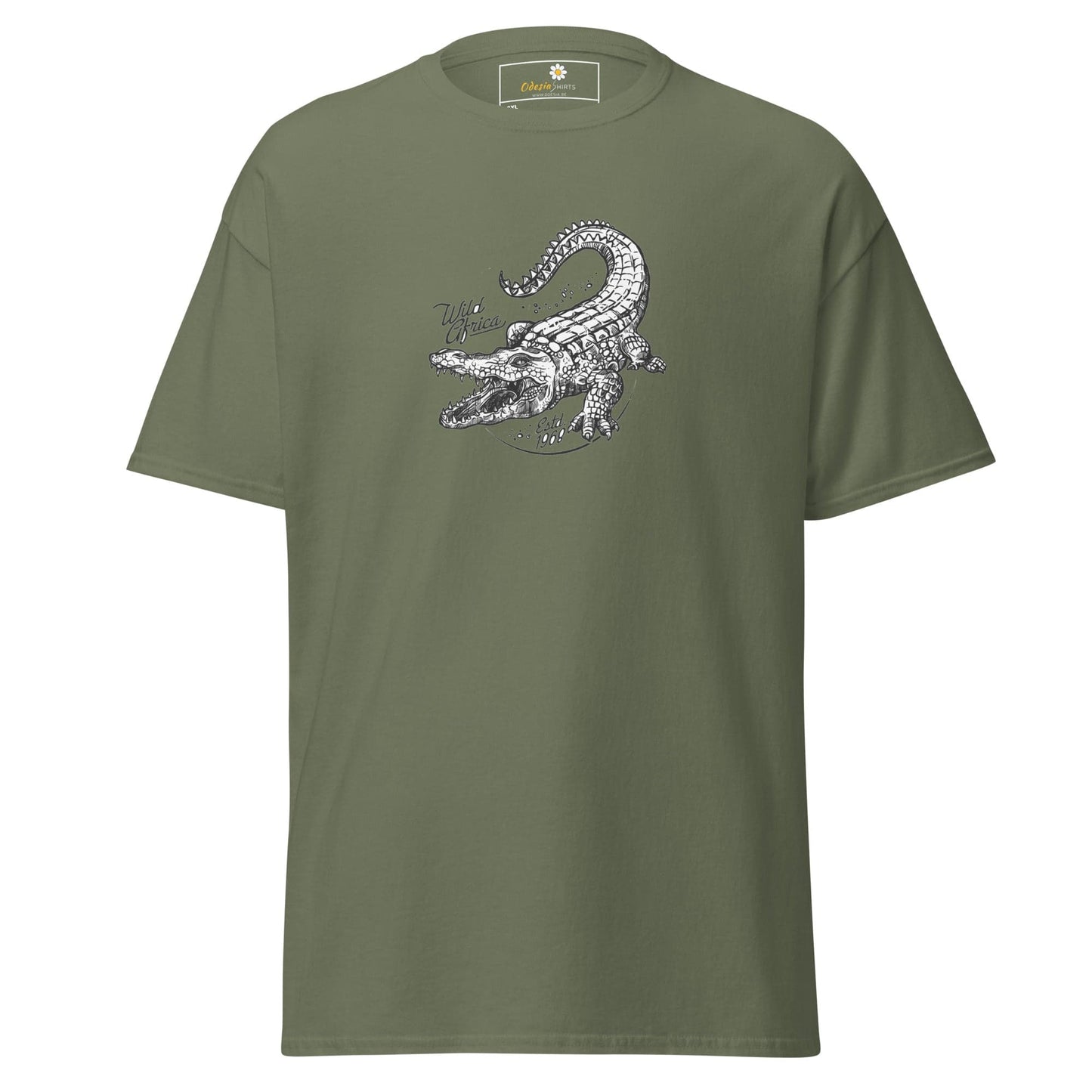 Olive green t-shirt with crocodile graphic.