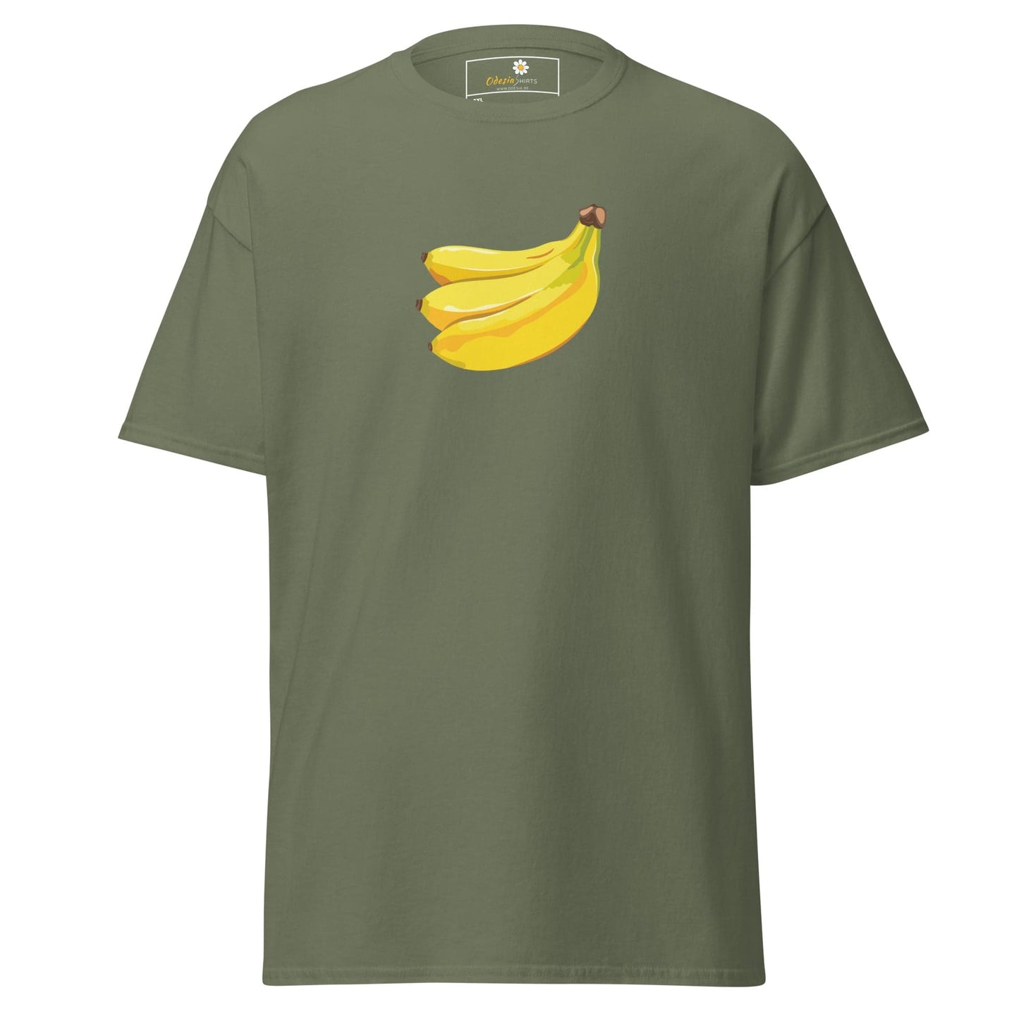 Olive green T-shirt with banana graphic for men and women in sizes 2XL to 5XL