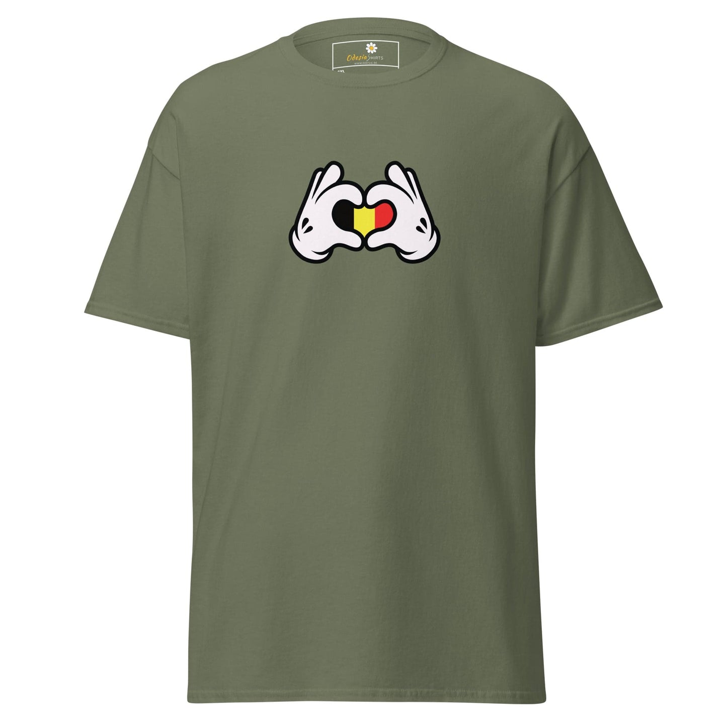 Olive green t-shirt with heart-shaped hands.