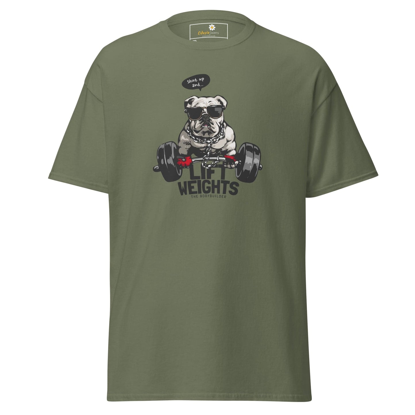 Olive green t-shirt with dog graphic.