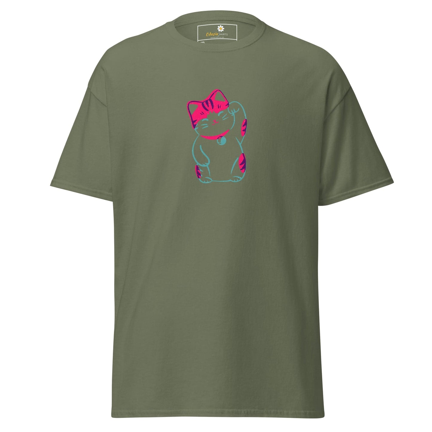 Olive green T-shirt with neon cat graphic for men’s and women’s sizes 2XL to 5XL