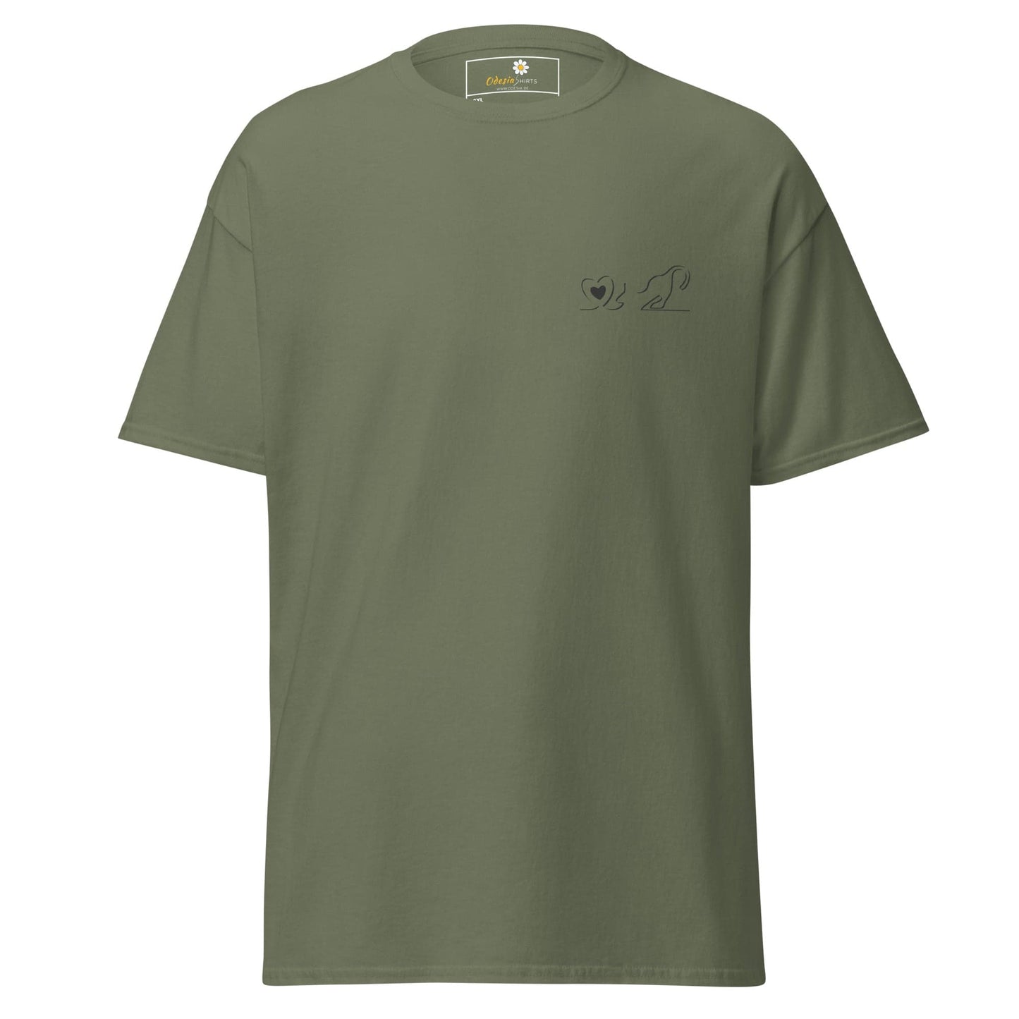 Olive green T-shirt with a small graphic for men and women in 2XL to 5XL sizes