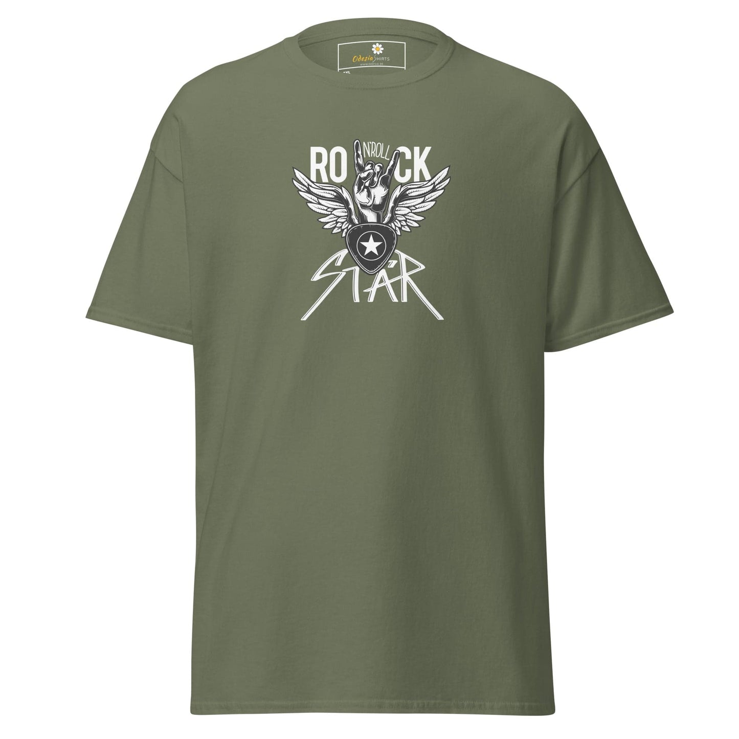 Olive green T-shirt with rock star graphic for men and women, available in 2XL to 5XL
