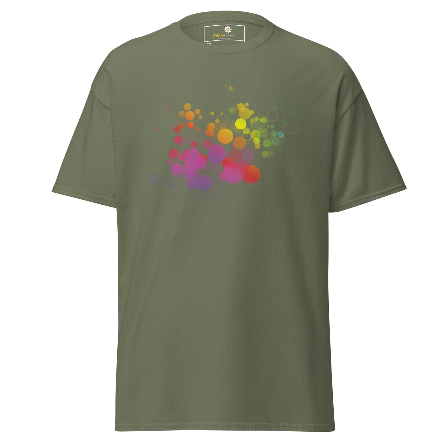 Olive green T-shirt with colorful circle design for men and women sizes 2XL to 5XL