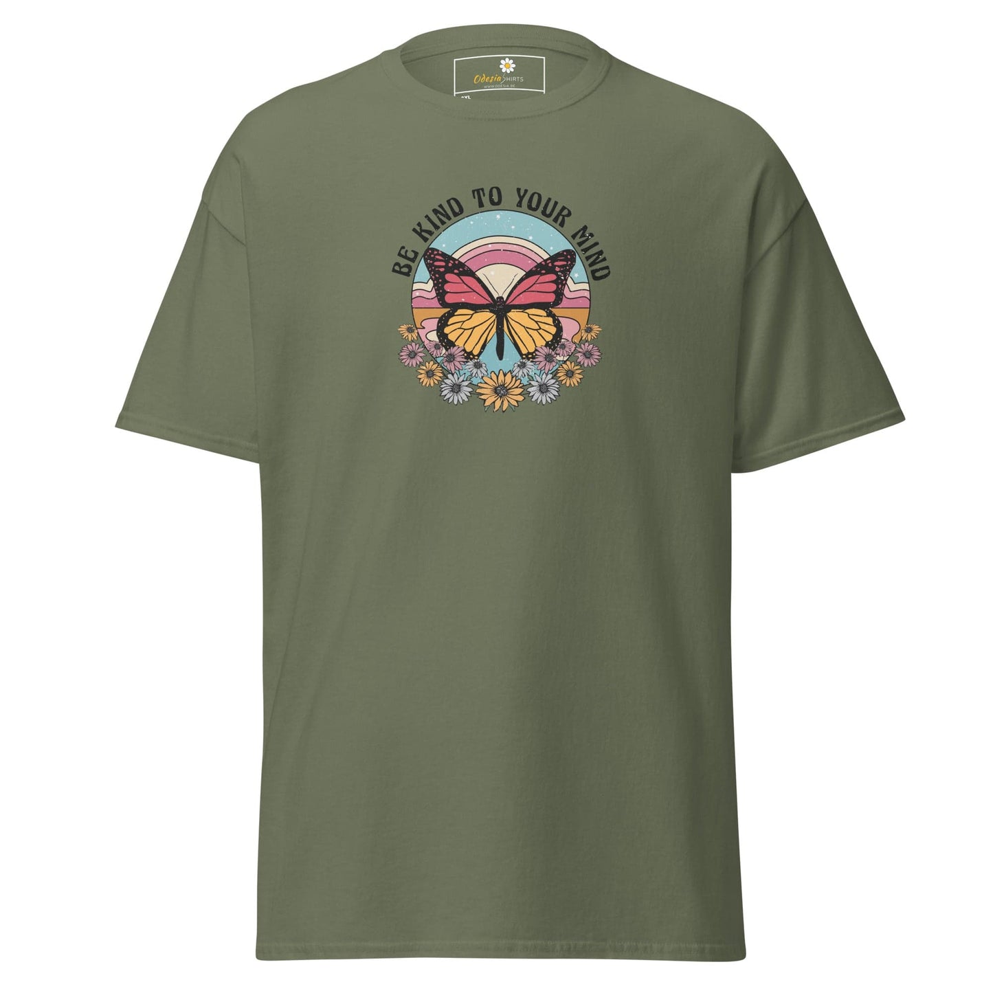 Olive green t-shirt with butterfly graphic.