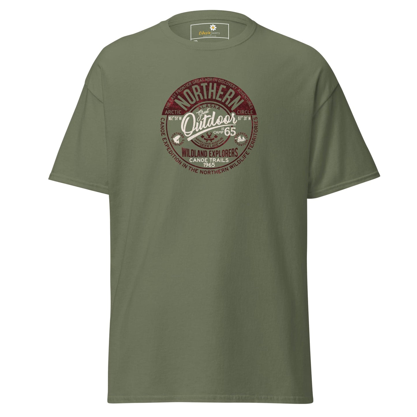 Olive green t-shirt with circular graphic.