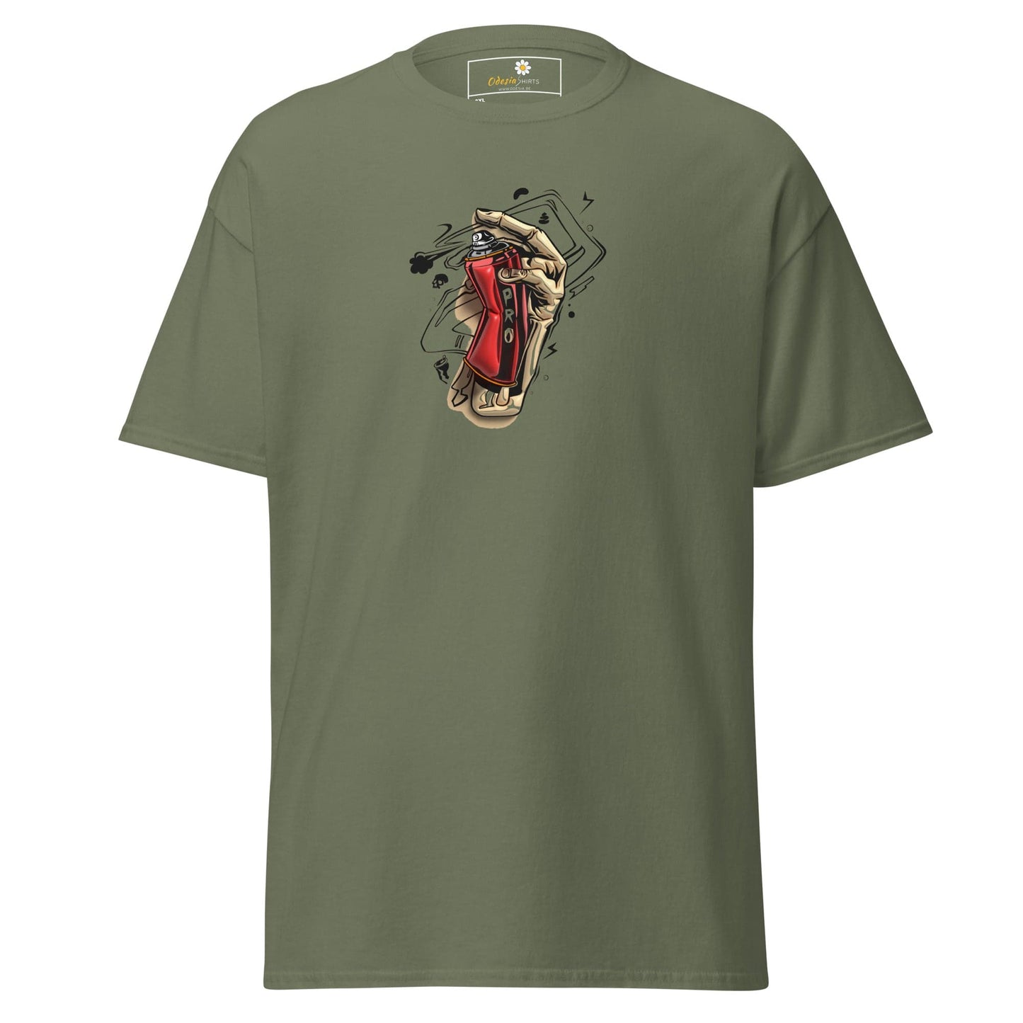 Olive green t-shirt with graphic.