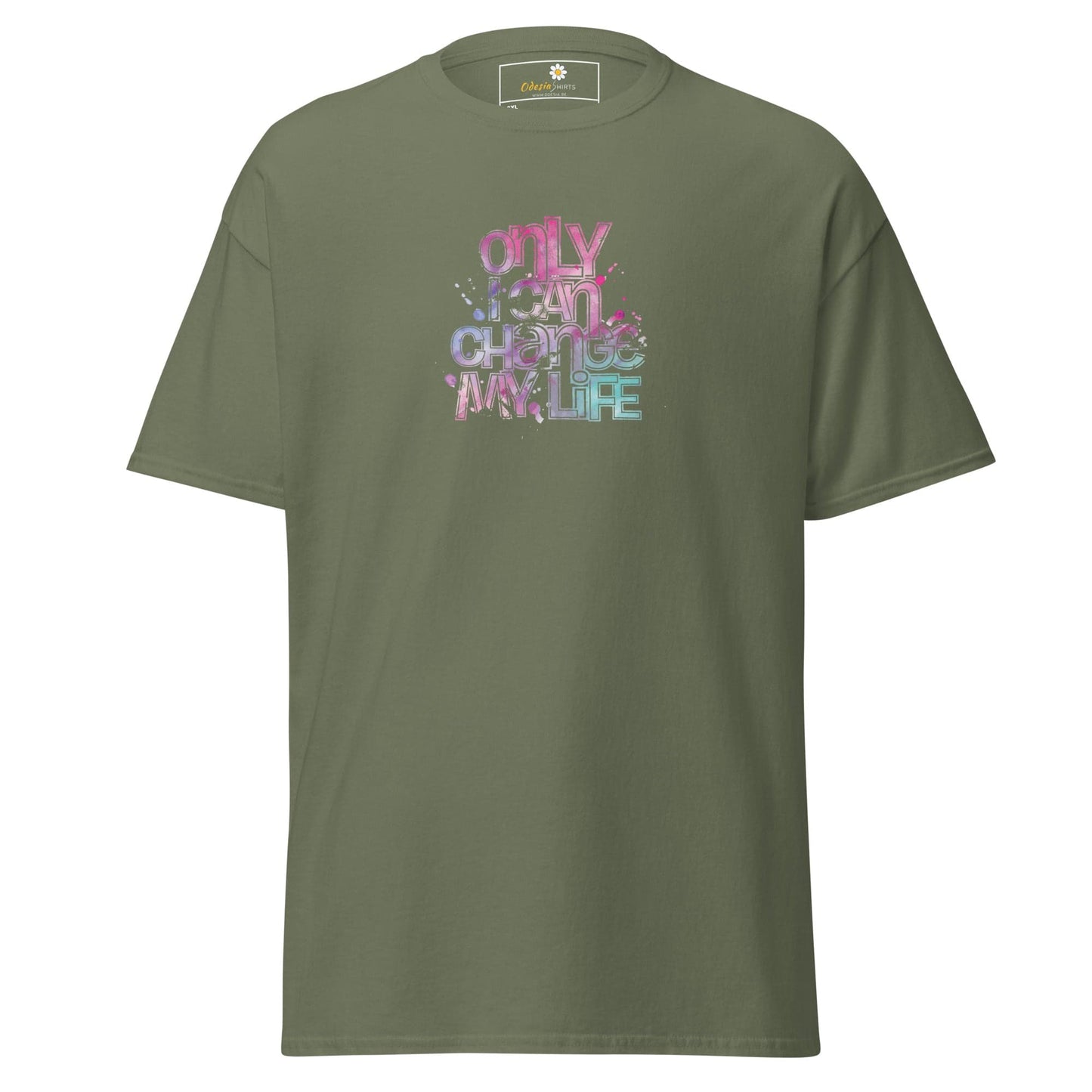 Olive green T-shirt with colorful text, suitable for men and women in 2XL to 5XL sizes